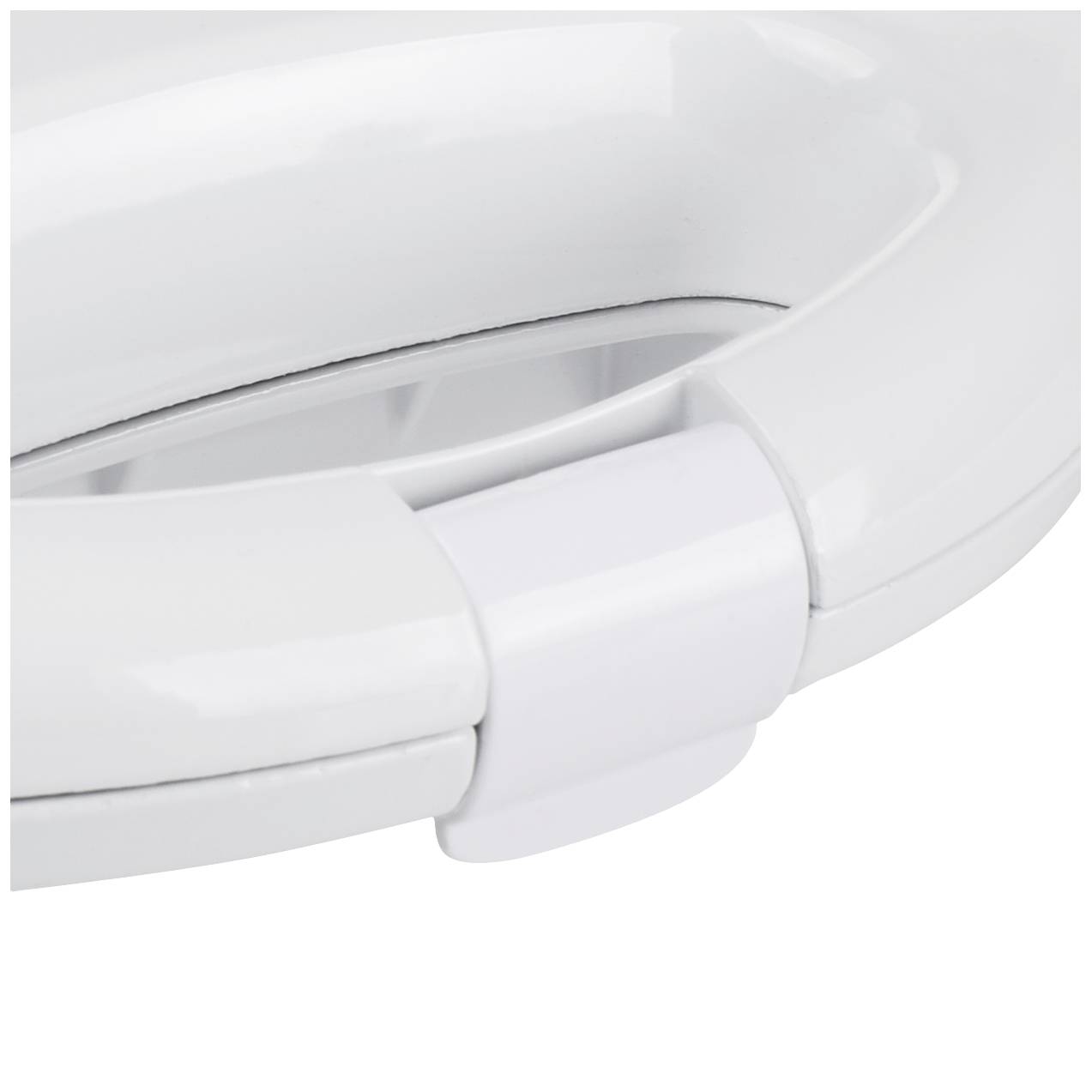 Close-up of a white toilet seat hinge mechanism.