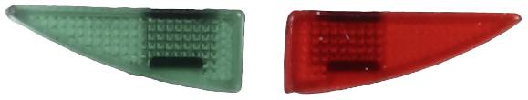Two angled illuminated indicators: left green and right red, on a white background.