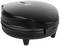 Black electric waffle maker with two indicator lights for temperature display on the lid. Compact, round design.