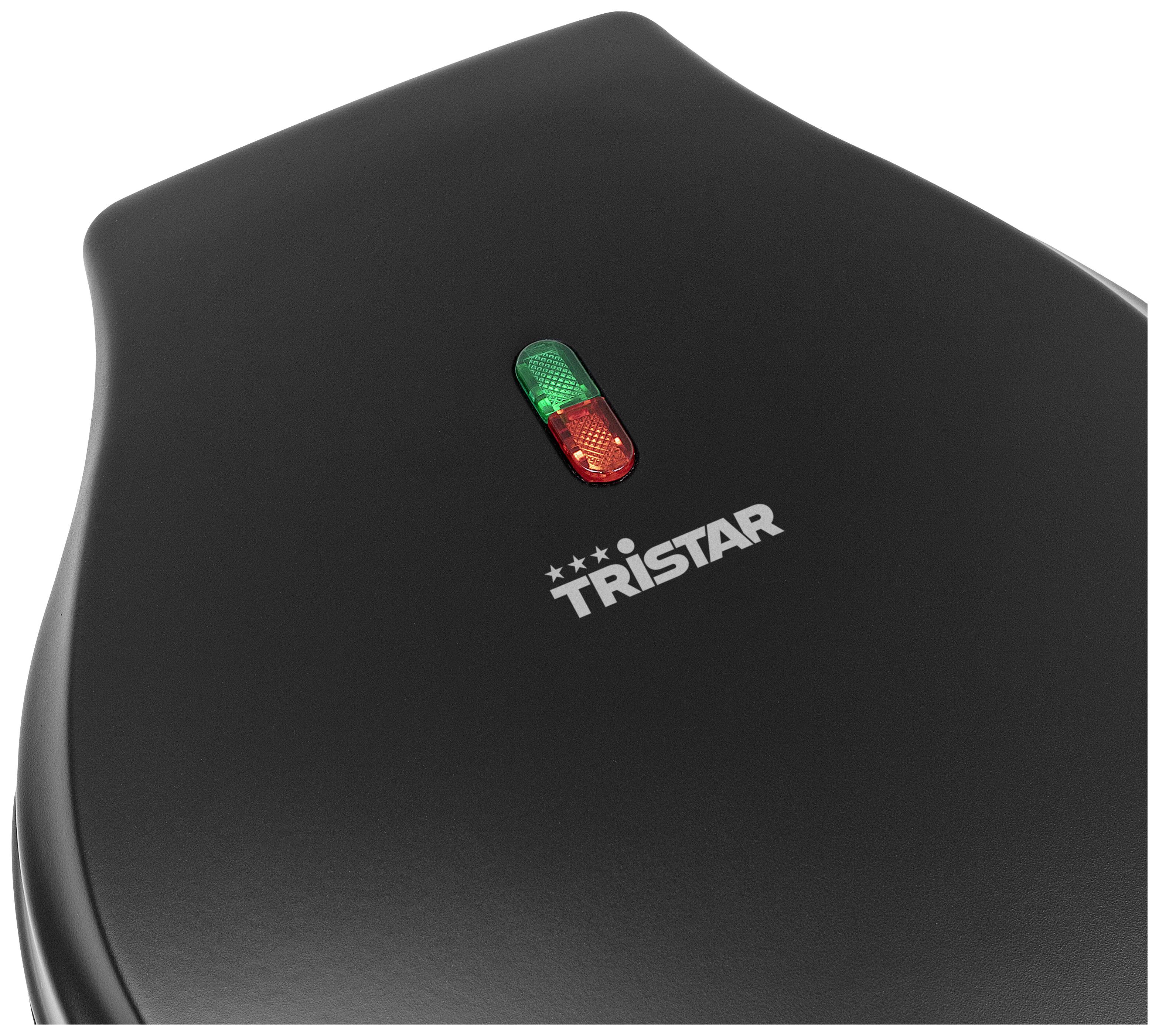 A black kitchen appliance by Tristar with a green and red light for operation indication on its surface.