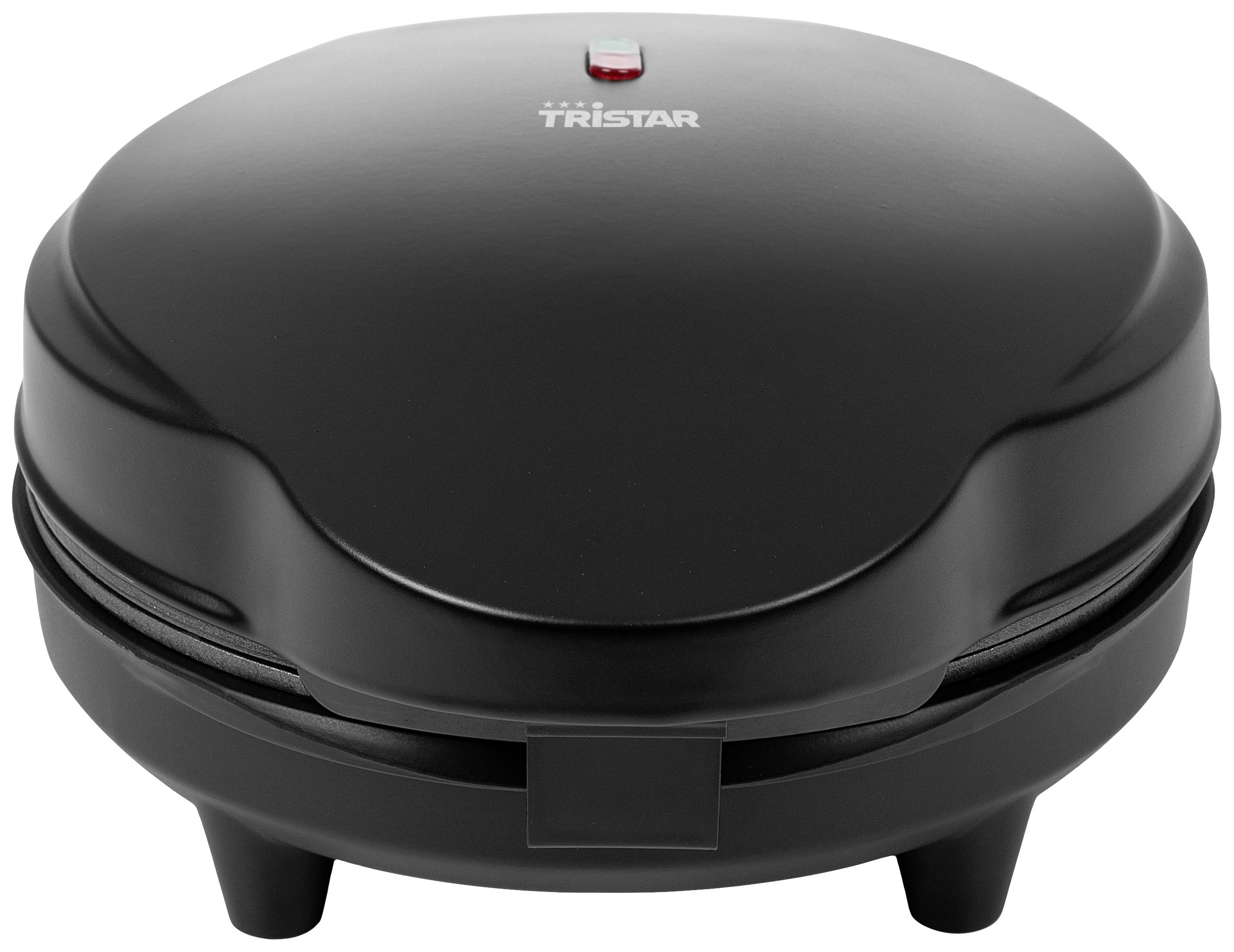 Black waffle maker with closed lid and operational indicator on the top surface.