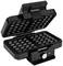 Black waffle maker in an open position with indicator lights and temperature control, suitable for preparing two waffles.