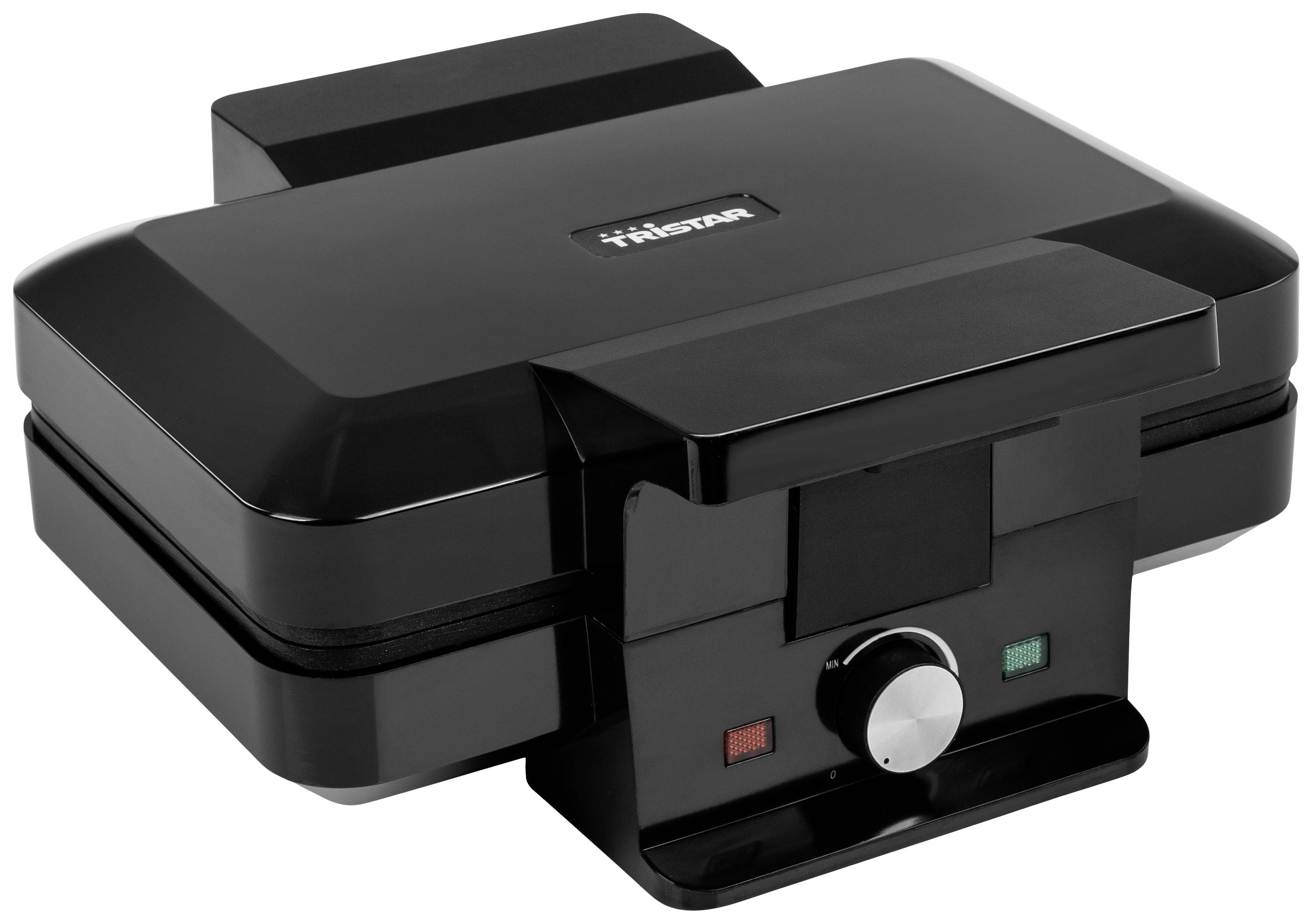 A black sandwich toaster with a temperature control and two indicator lights, red and green, displayed on the front panel.