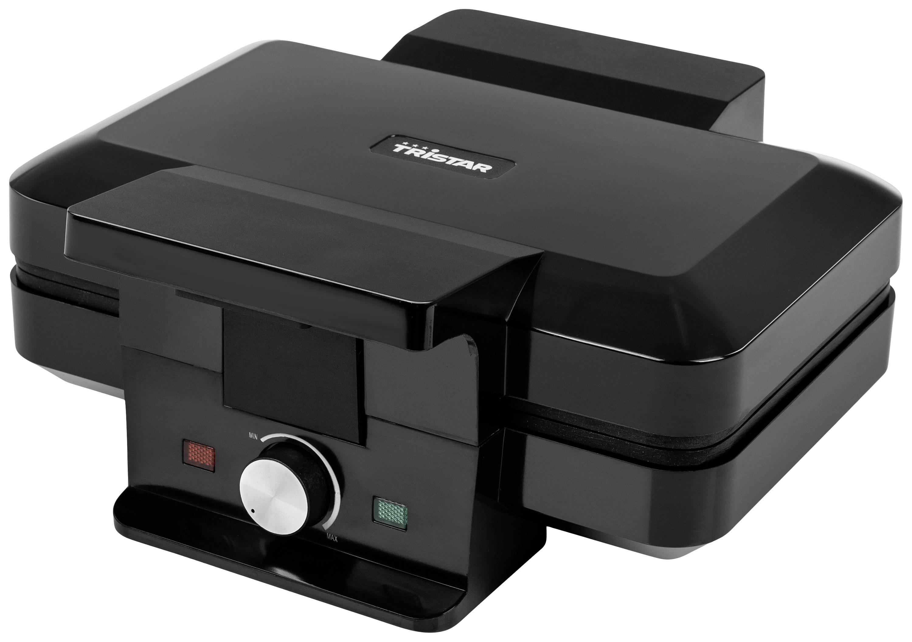 A black waffle maker by Tristar with indicator lights and a temperature control dial at the front.