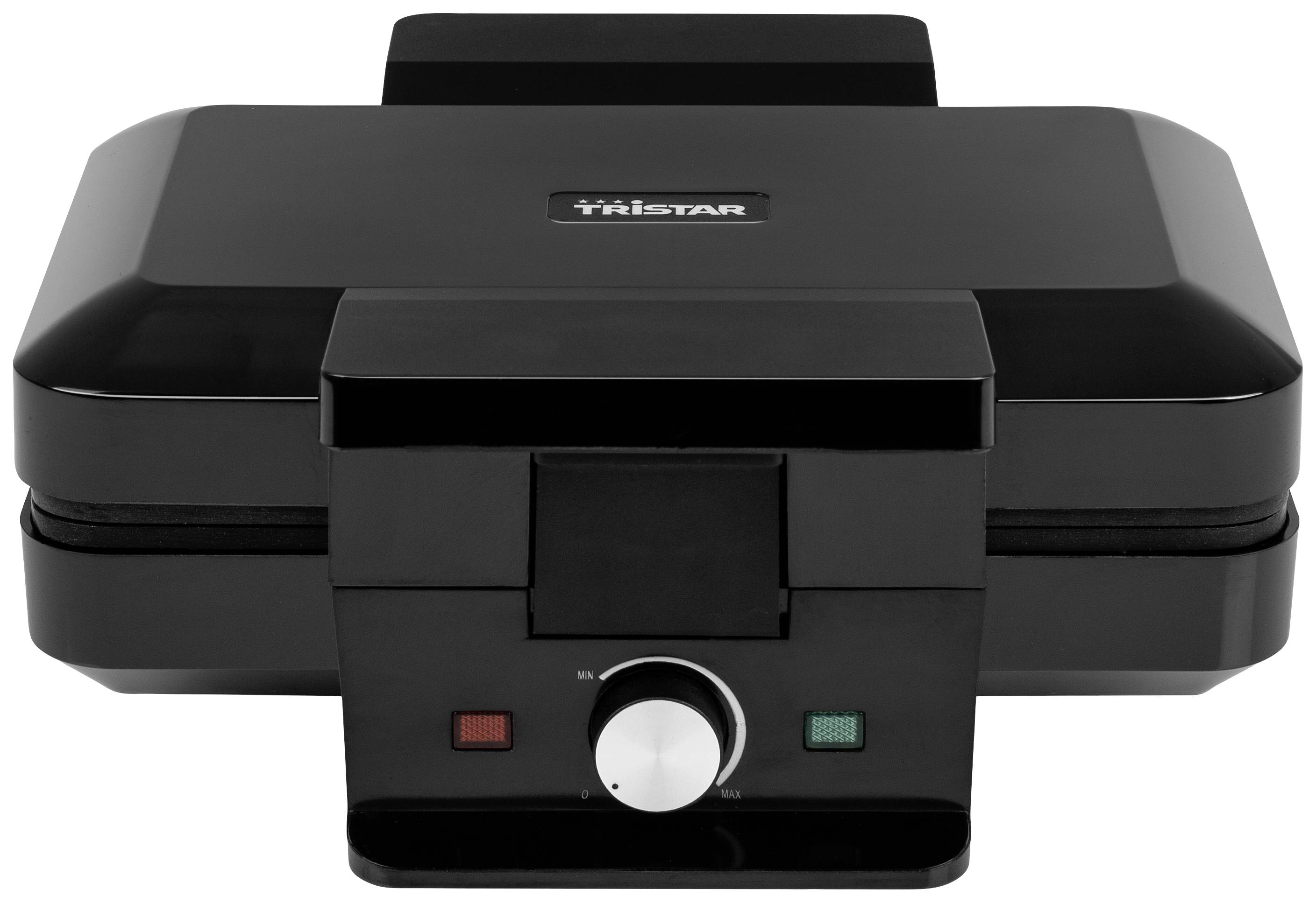 Black waffle maker with temperature control and indicator lights.