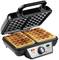 A waffle maker with an open lid, containing two golden-brown baked waffles. The indicator lights show 'Power' and 'Ready'.