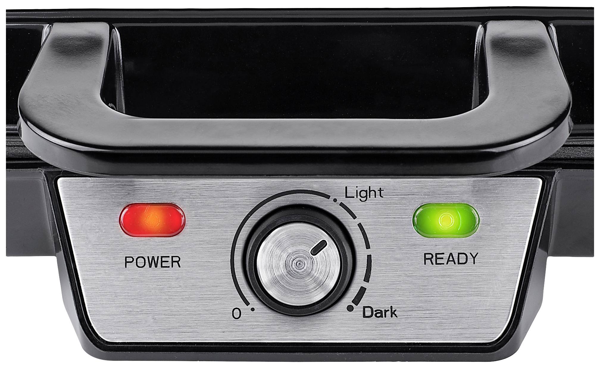 A close-up of a toaster or sandwich maker with two lights: red for 'Power' and green for 'Ready'. A dial for adjusting the browning level.