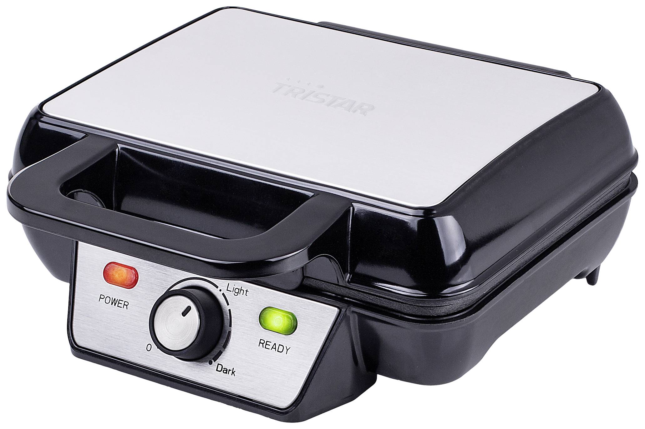 An electric waffle maker in black and silver with two indicator lights: red for 'Power' and green for 'Ready'.