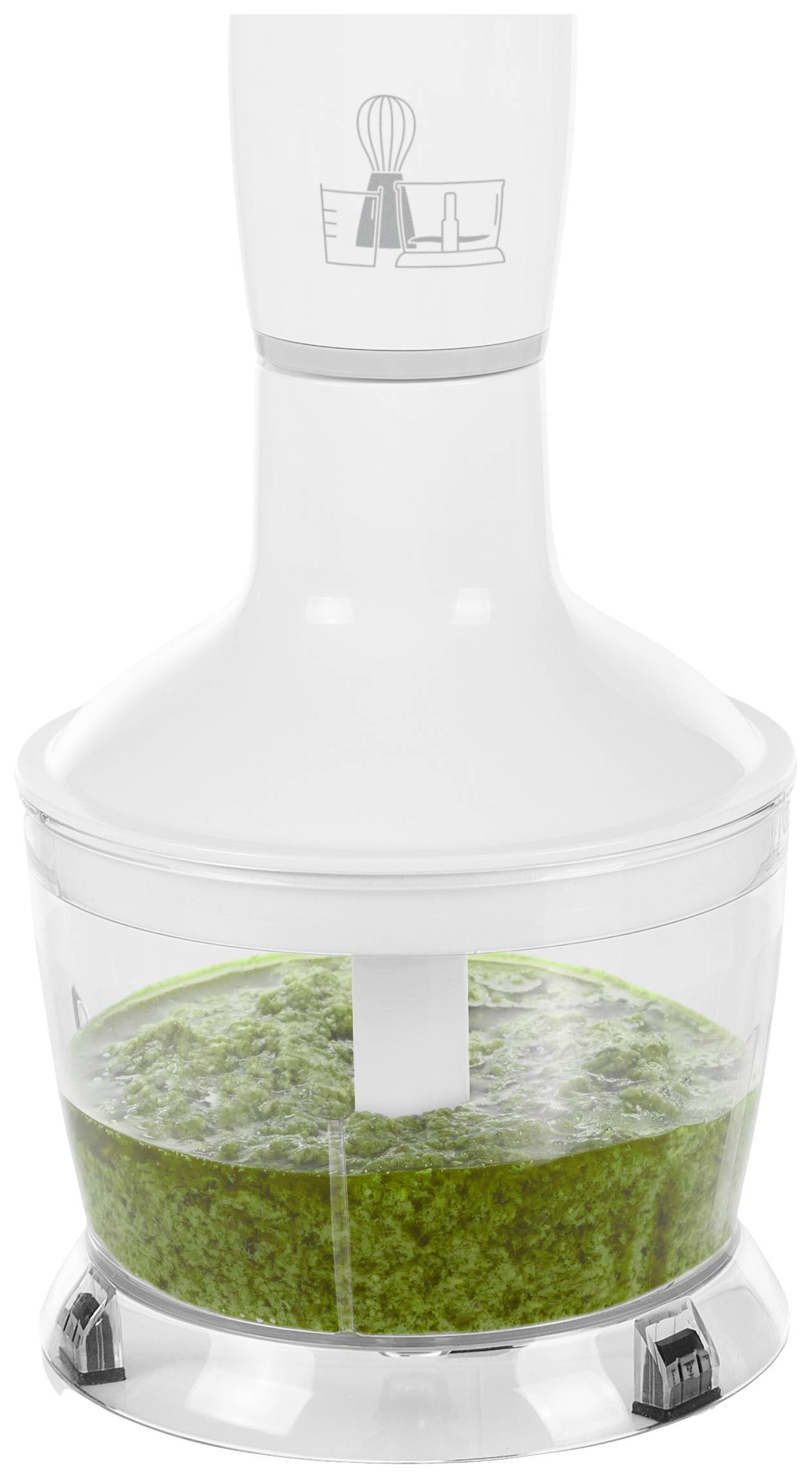 A white hand blender stands upright, filled with chopped green vegetables. Above it is a symbolic illustration of kitchen appliances.