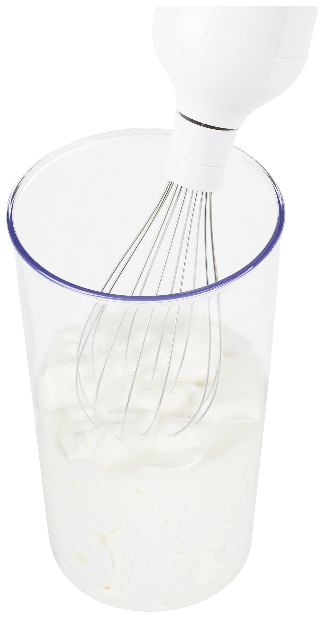 An electric whisk in a tall, transparent container with a white, creamy mixture, possibly cream.