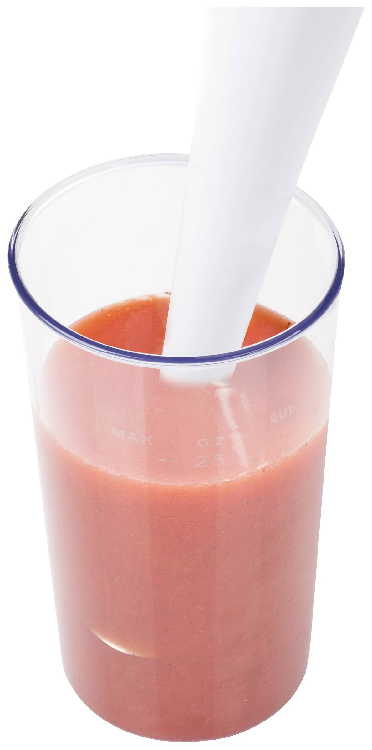 Tall glass half filled with red fruit smoothie; a white stick blender protrudes into it.