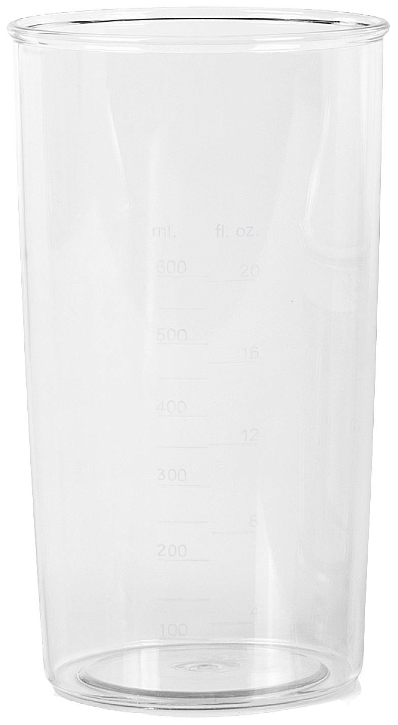 Transparent plastic measuring jug with measurement scale in millilitres and fluid ounces.