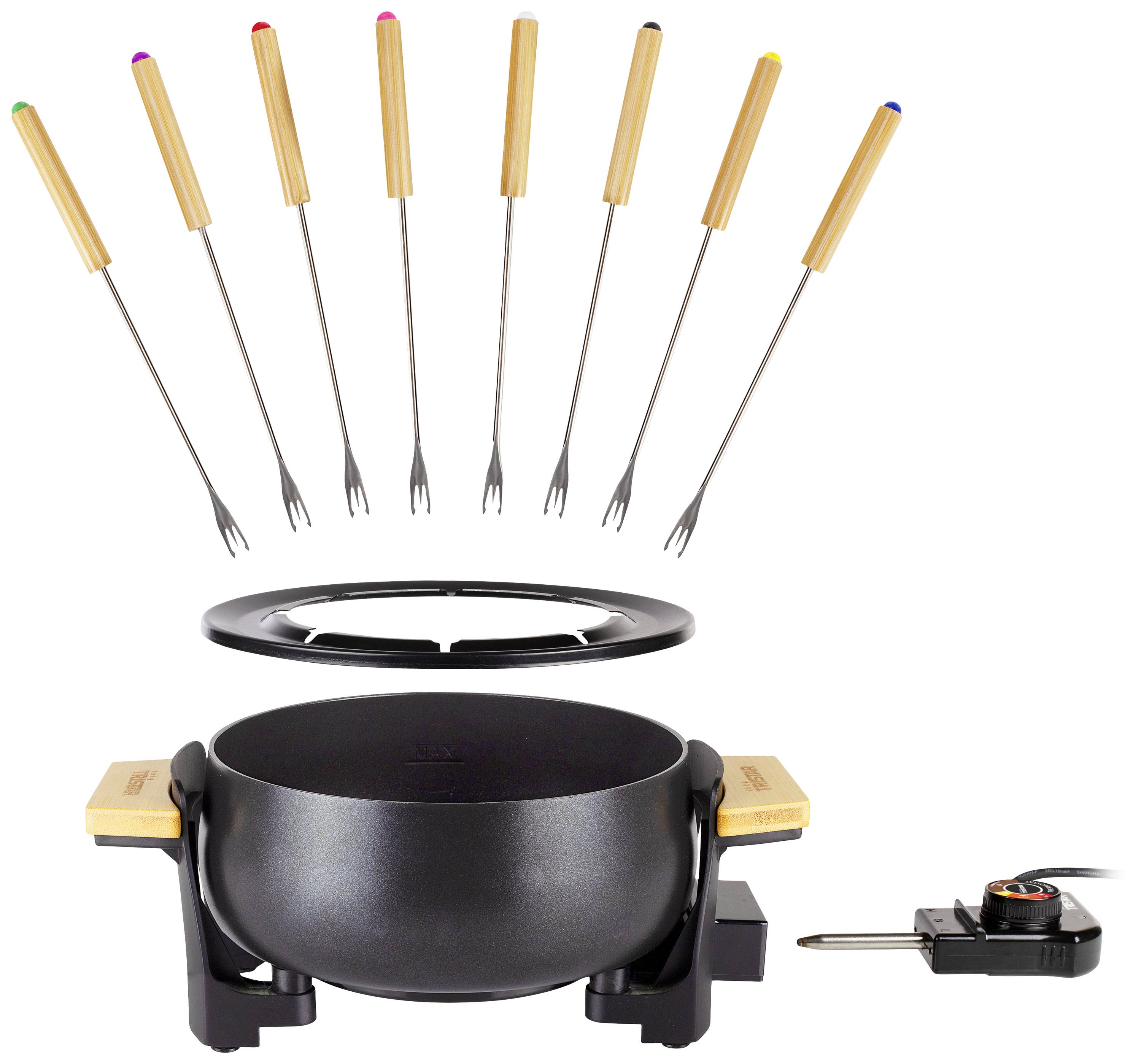 A black fondue pot with wooden handles is surrounded by eight fondue forks, each with a differently coloured handle end.