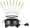 A black fondue pot with wooden handles is surrounded by eight fondue forks, each with a differently coloured handle end.
