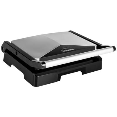 A silver-coloured tabletop grill with a black base, closed. Suitable for grilling and toasting food. Brand name on the top surface.