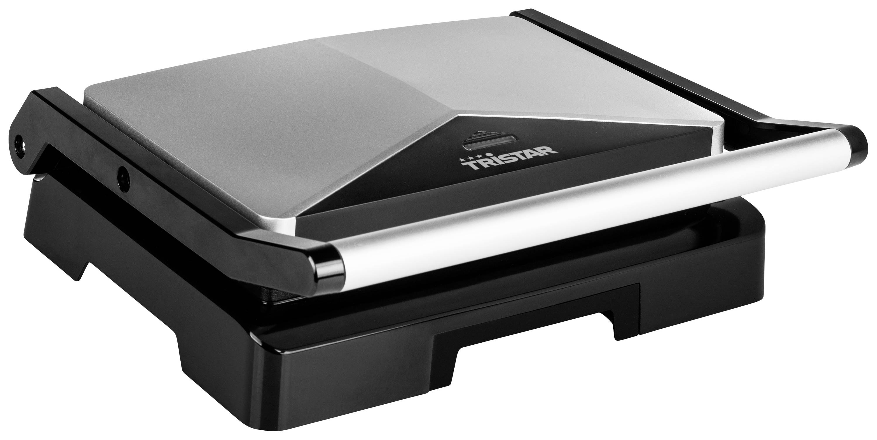 A silver sandwich grill with a black casing, suitable for grilling paninis and sandwiches.