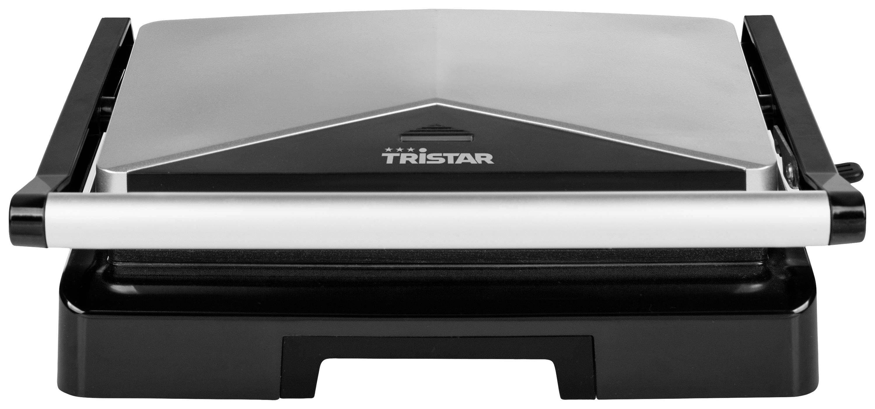 A table grill with a metal cover, closed. The brand name 'Tristar' is clearly visible on the top of the cover.