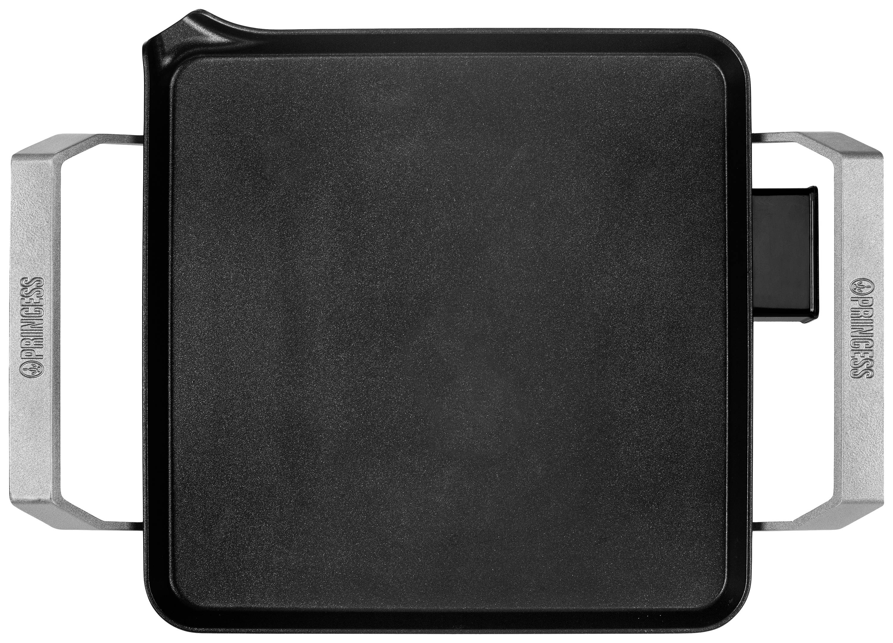 Black, square grill with silver handles on both sides.