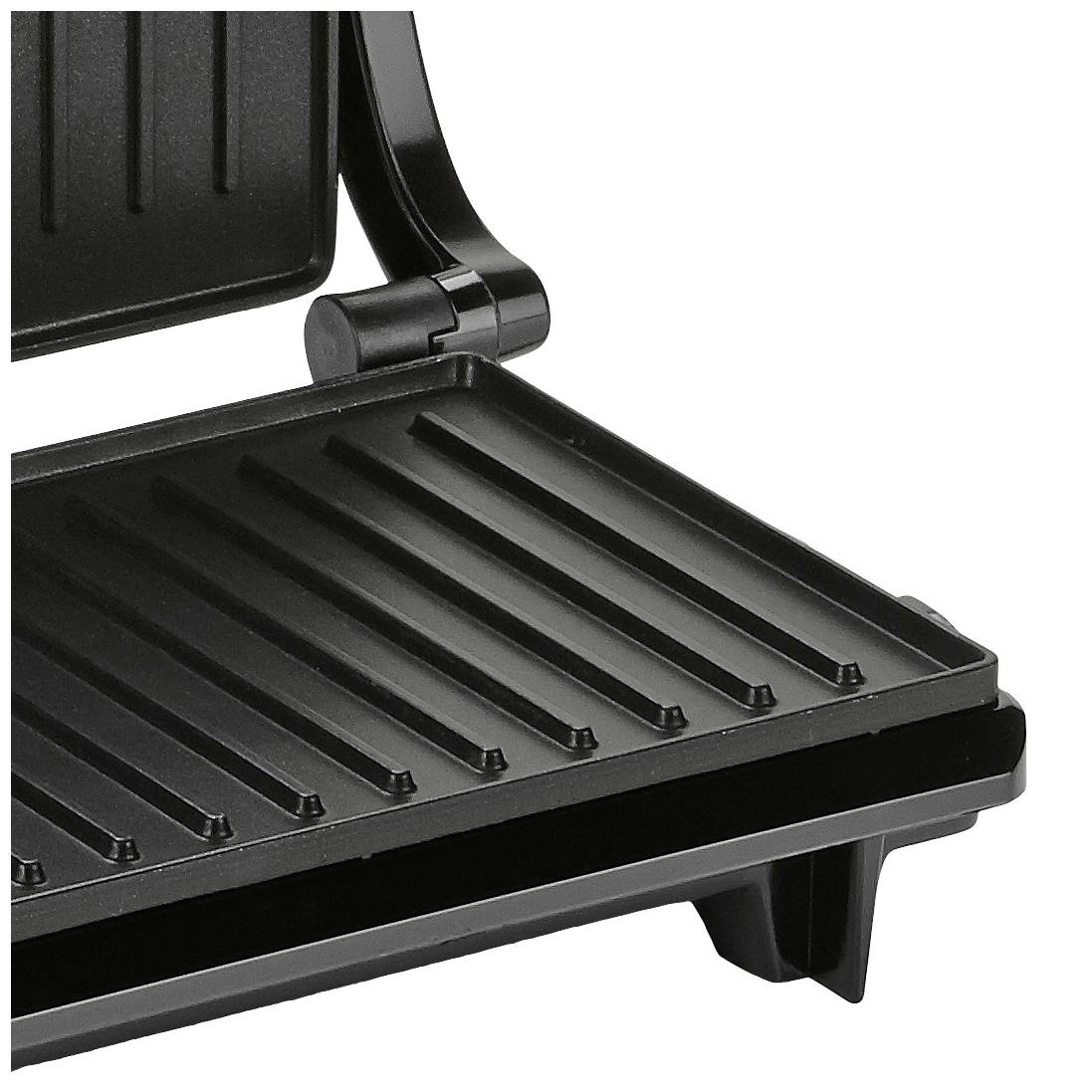 Electric contact grill with open grilling plates, suitable for cooking food on both sides.