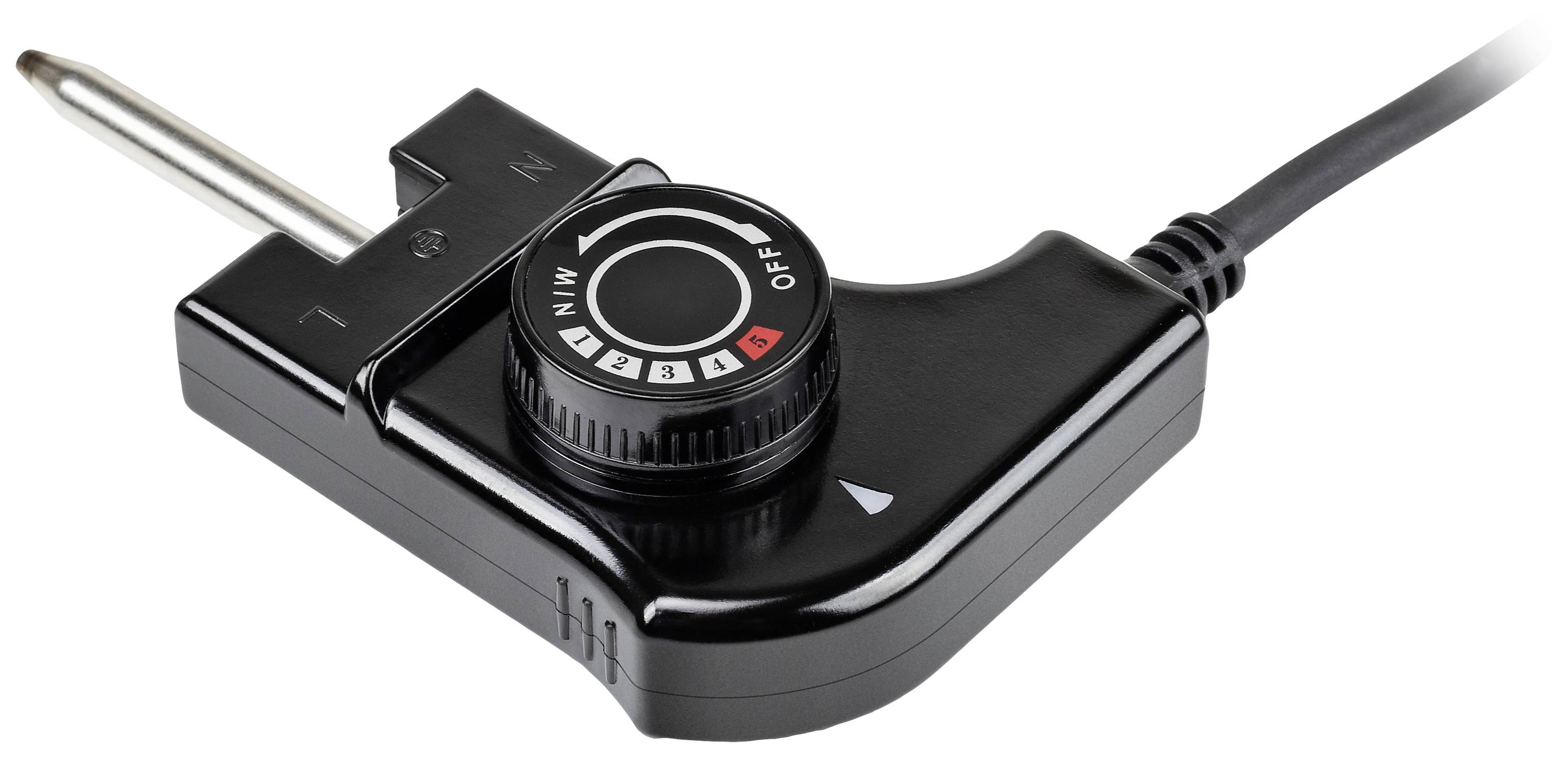 Black electric rotary dial with 'MIN', 'OFF', and 'MAX' settings, connected by a cable to a metal rod, likely for temperature control.