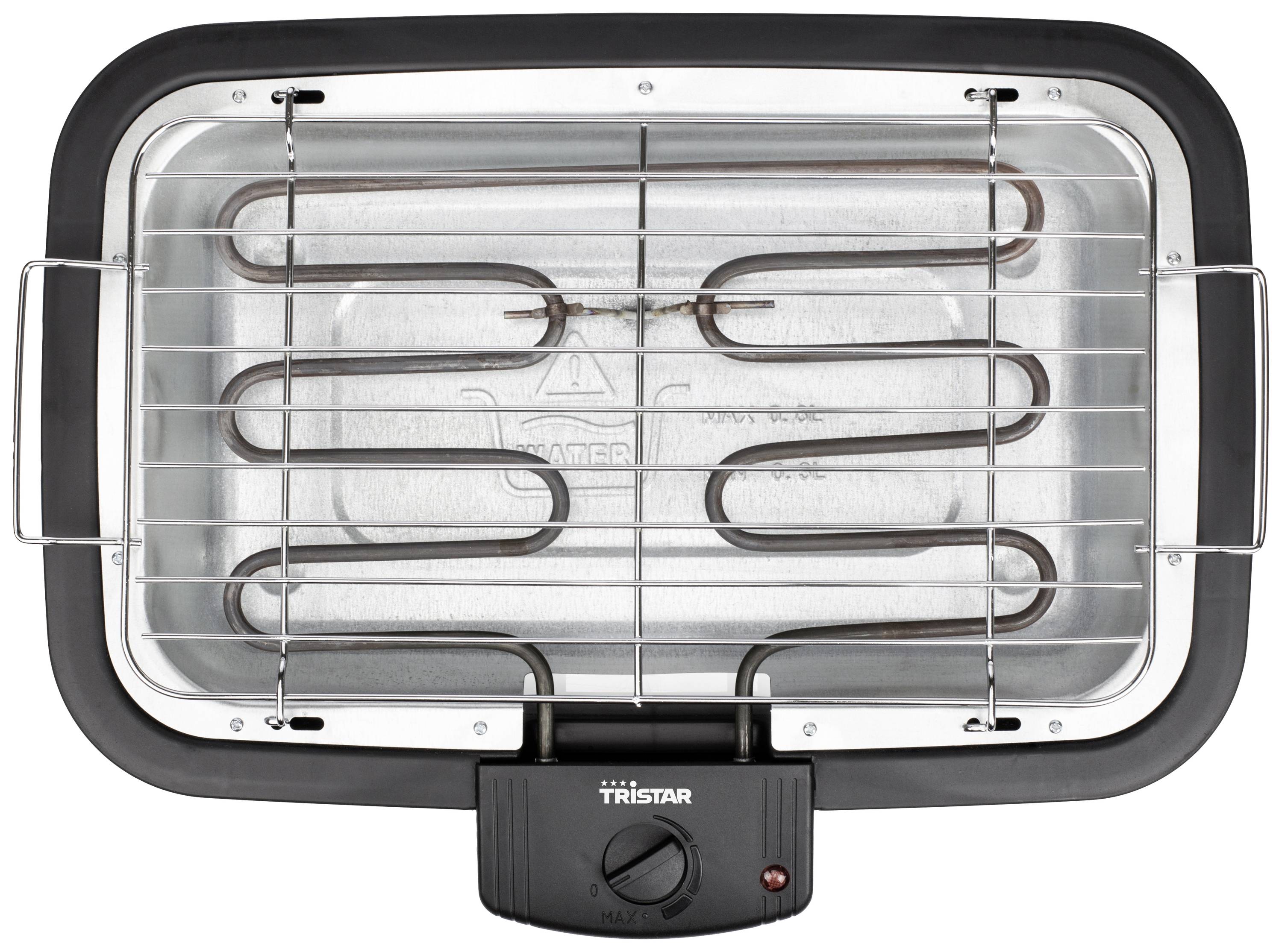 Electric barbecue from above, oval design, silver heating coils, black frame, temperature control with red indicator light at the front.