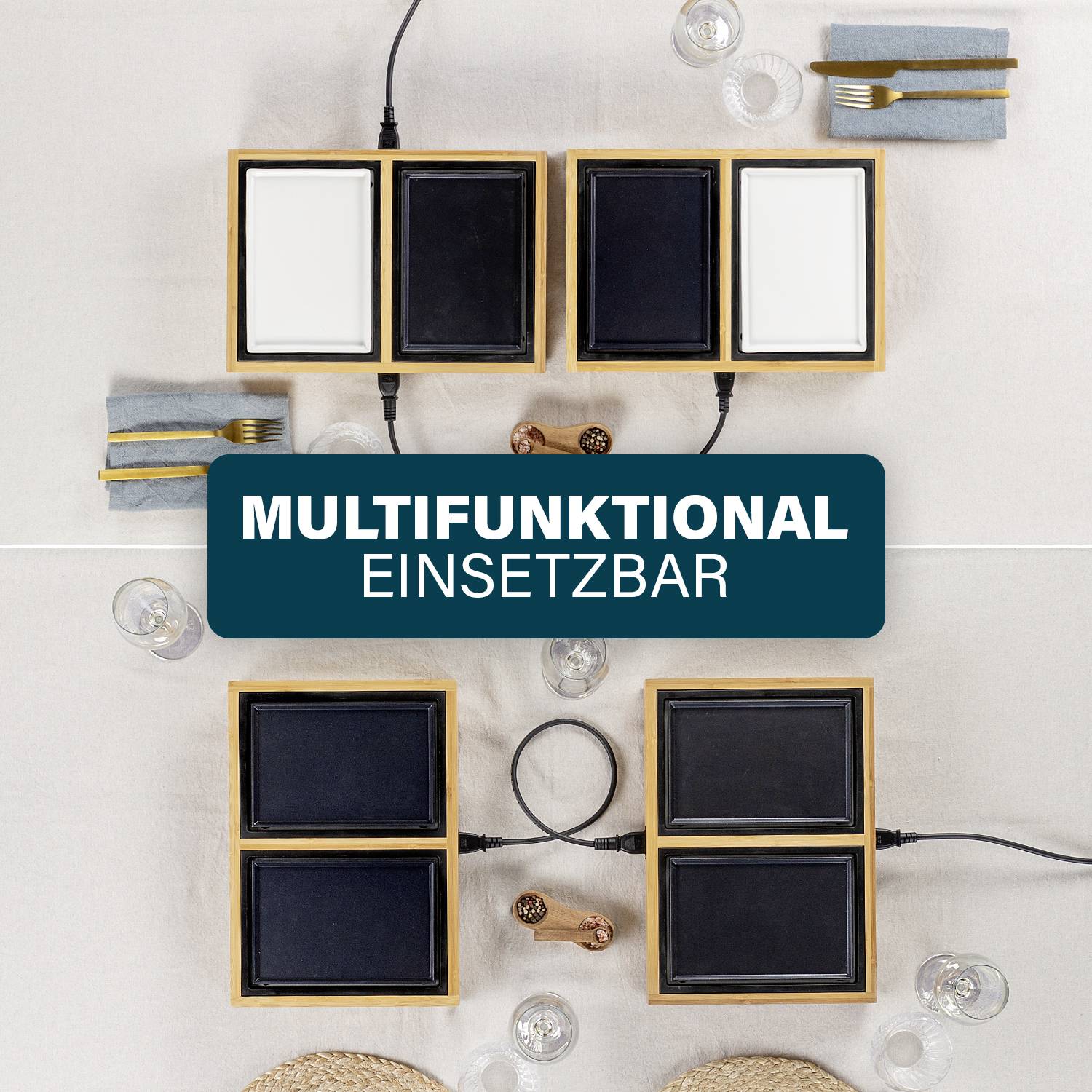 Multifunctional device on table with crockery. Text in the centre reads 'Versatile for multiple uses'. Food options visible on left and right.
