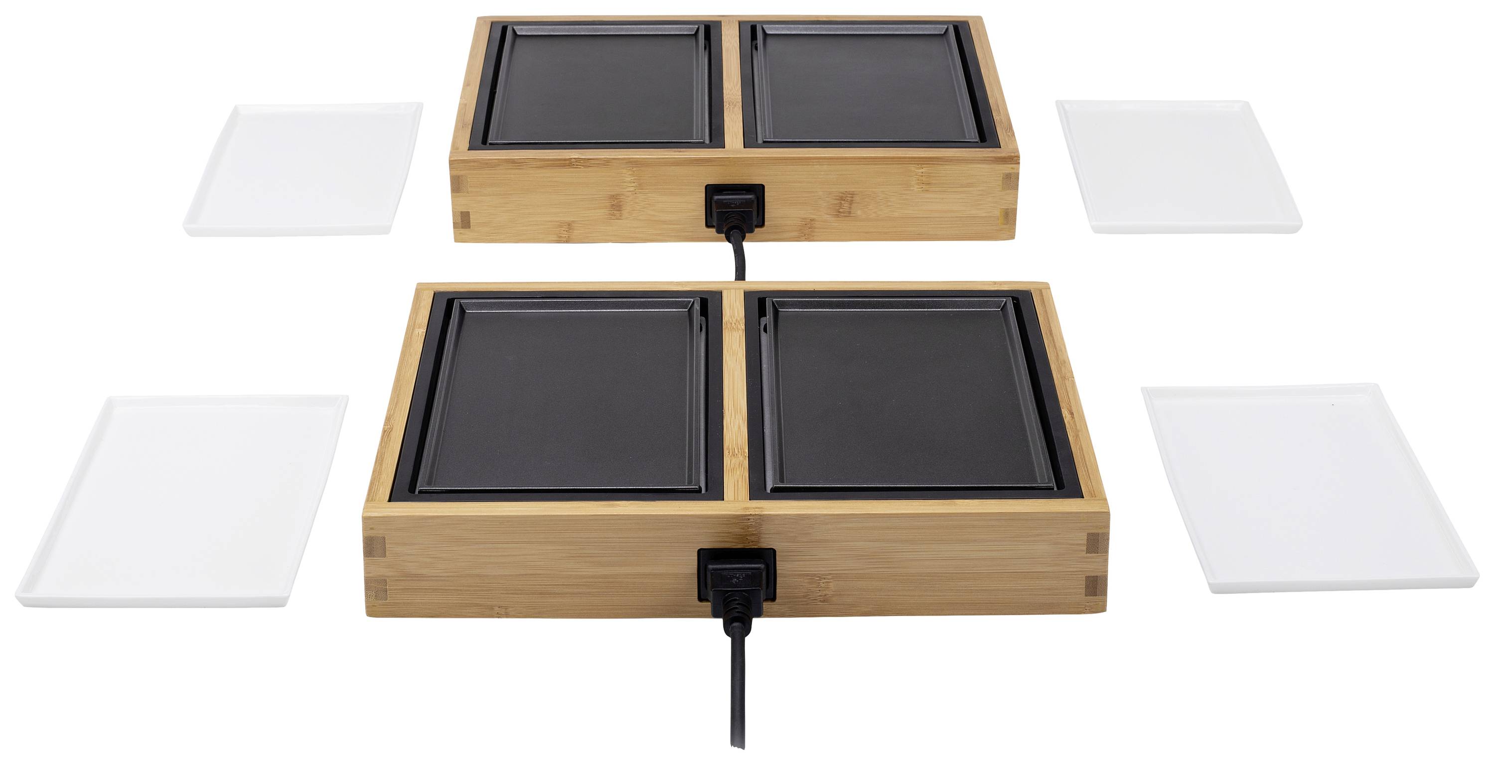 Two square bamboo devices with integrated heating plates, each with four white serving plates. Electrically connectable in the centre.