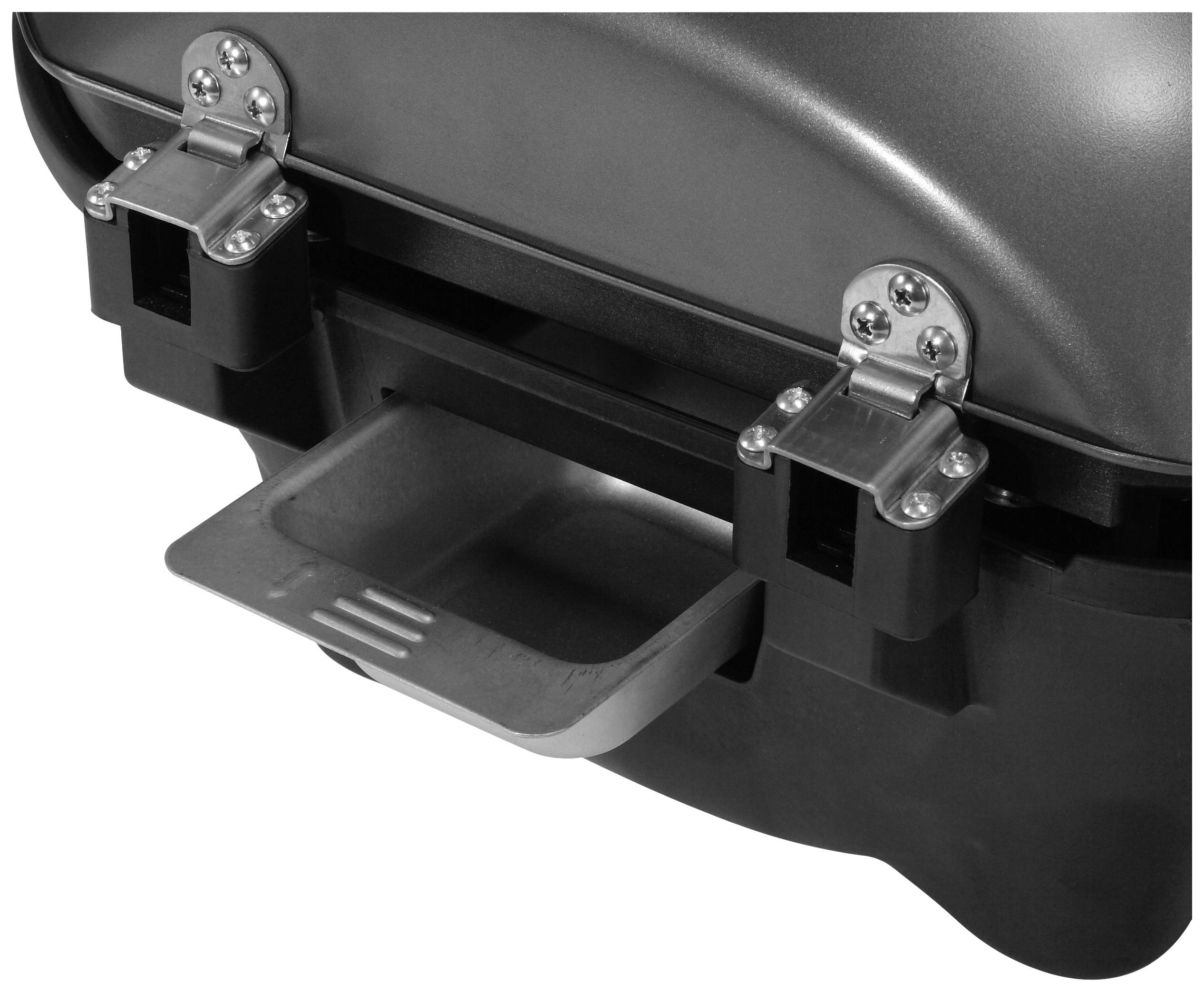 A closed, portable barbecue device with two silver latches and an extendable drip tray at the front.