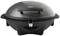 Black electric table grill with curved lid and handle. Front clip lock. Ideal for indoor and outdoor grilling.