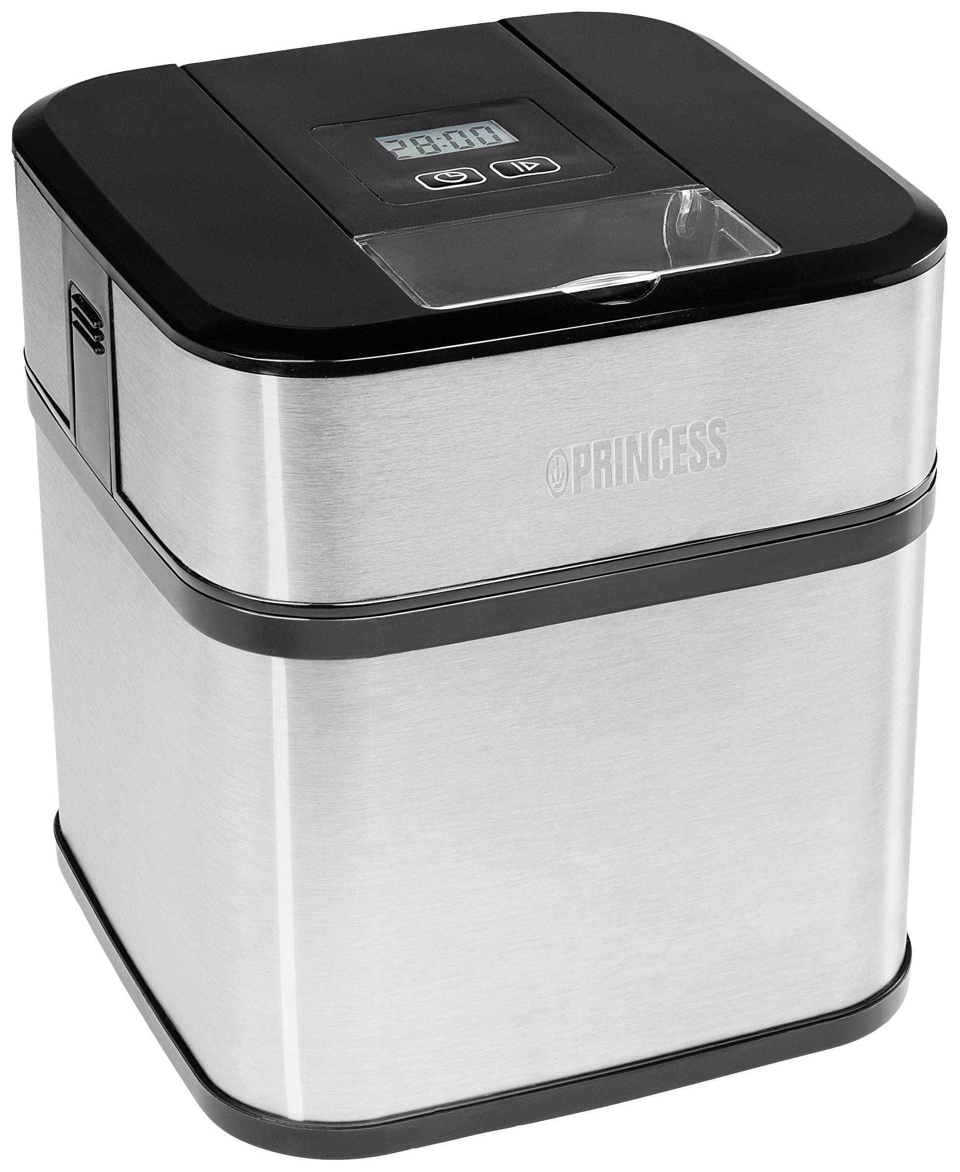 'Stainless steel ice cream maker with digital display on top, showing remaining time. Compact design, with black and silver accents.'