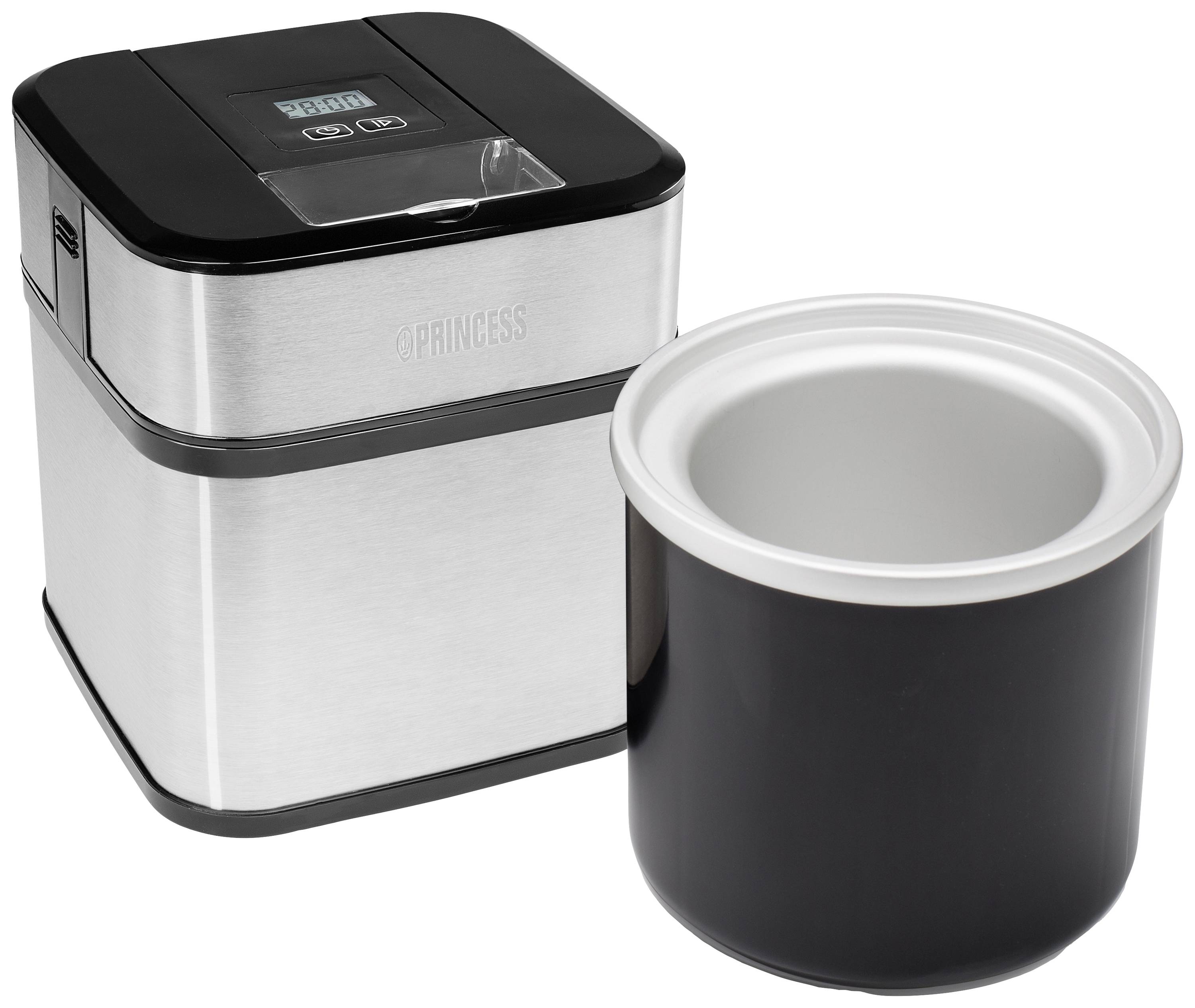 Stainless steel ice cream maker with removable container. Display on the top shows operating options and time.