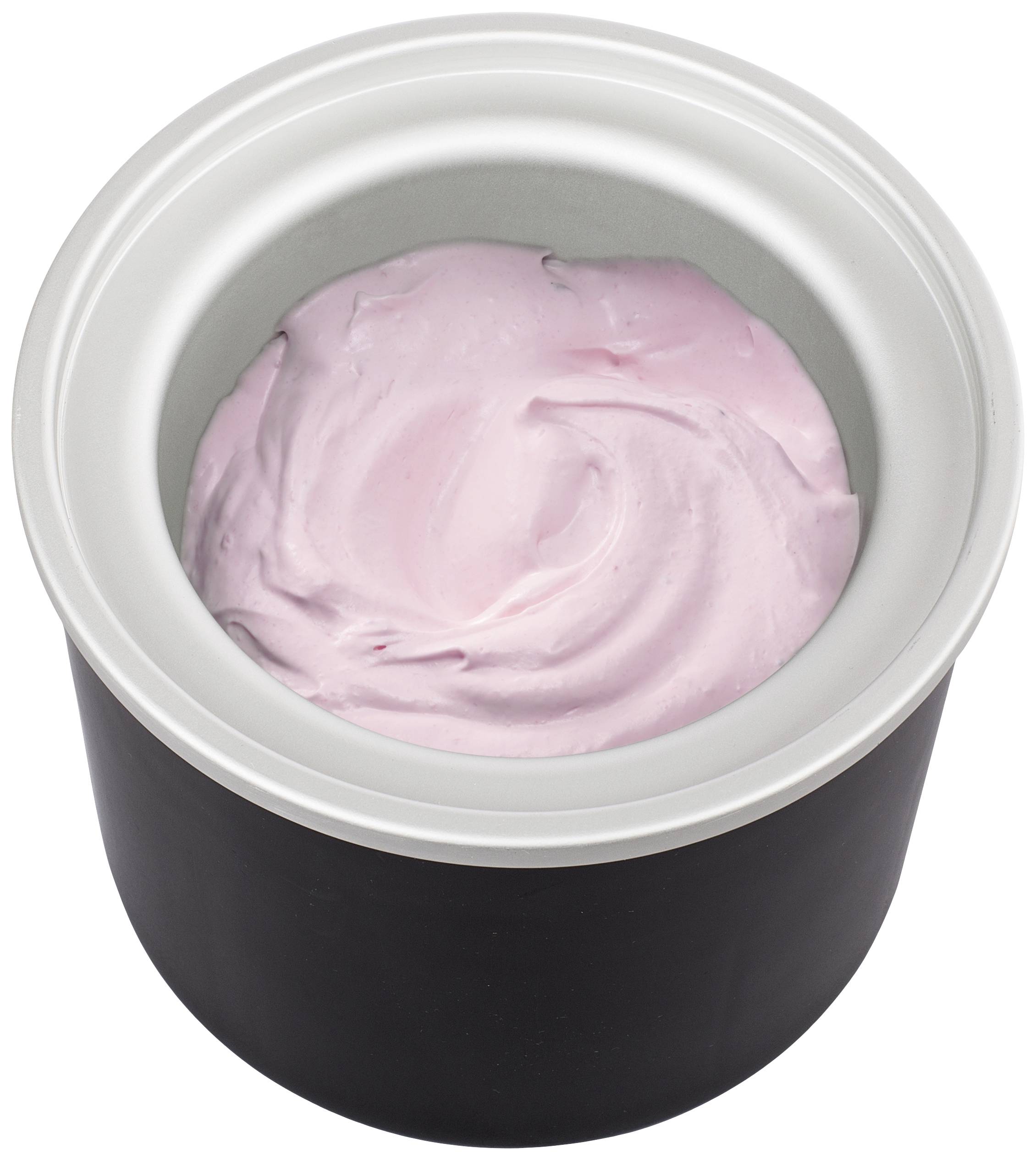 A container with pink ice cream, smoothly stirred.