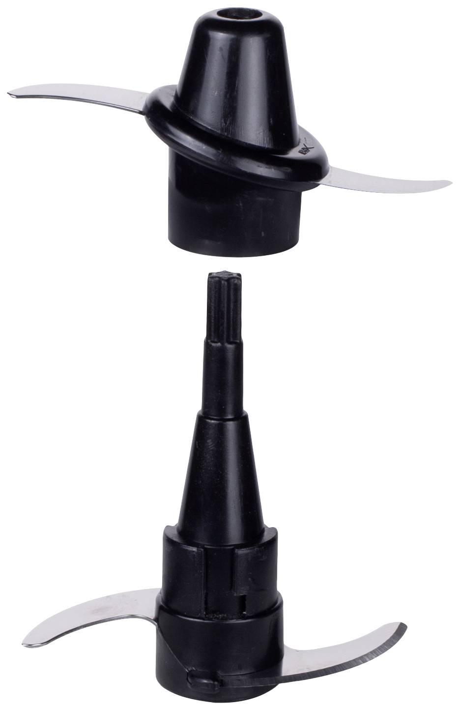 Two black plastic components, each with two curved metal blades, which may potentially be part of a kitchen appliance or blender.