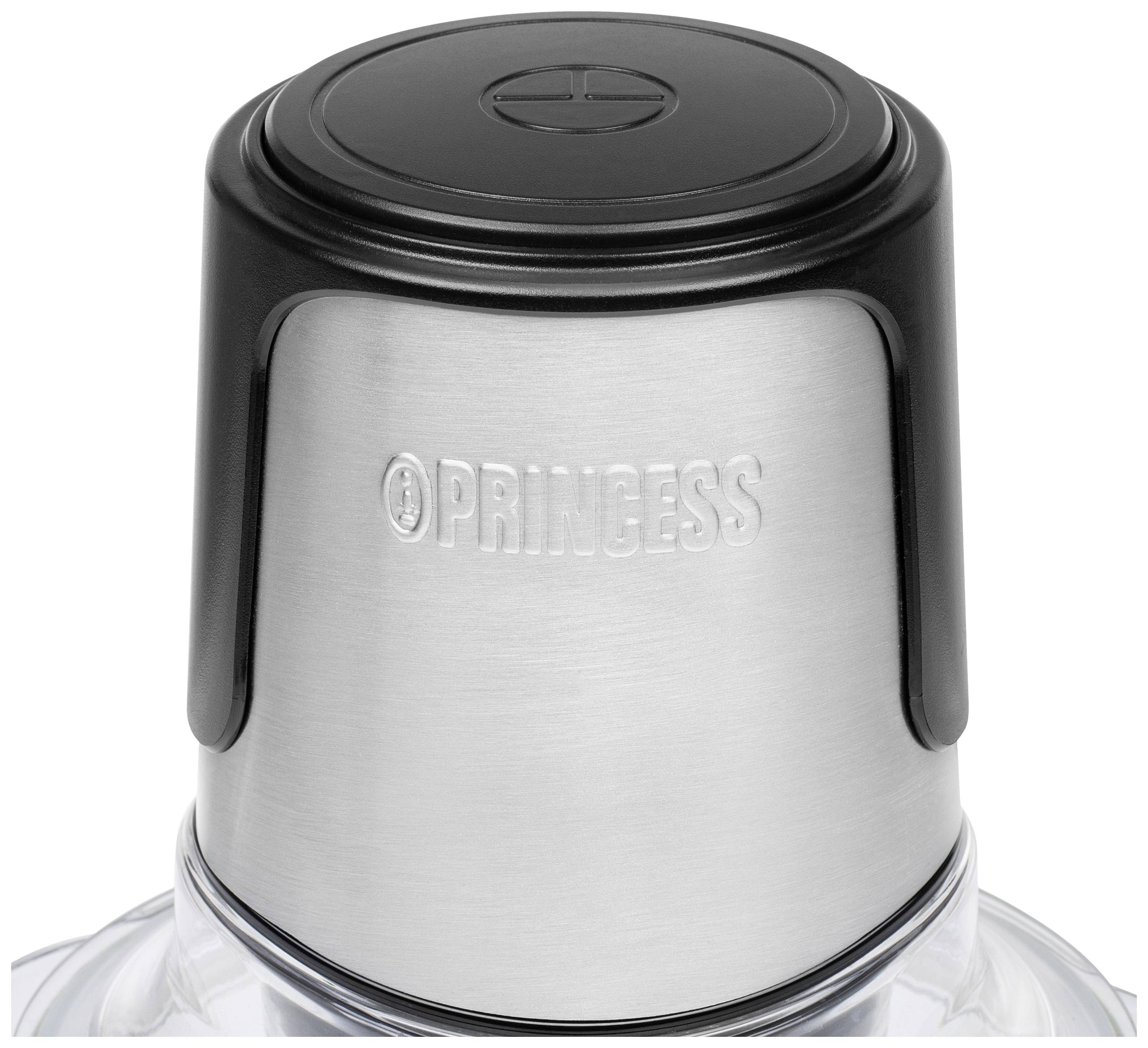 The upper section of a kitchen appliance with a stainless steel top and a black plastic lid. The word 'PRINCESS' is embossed.