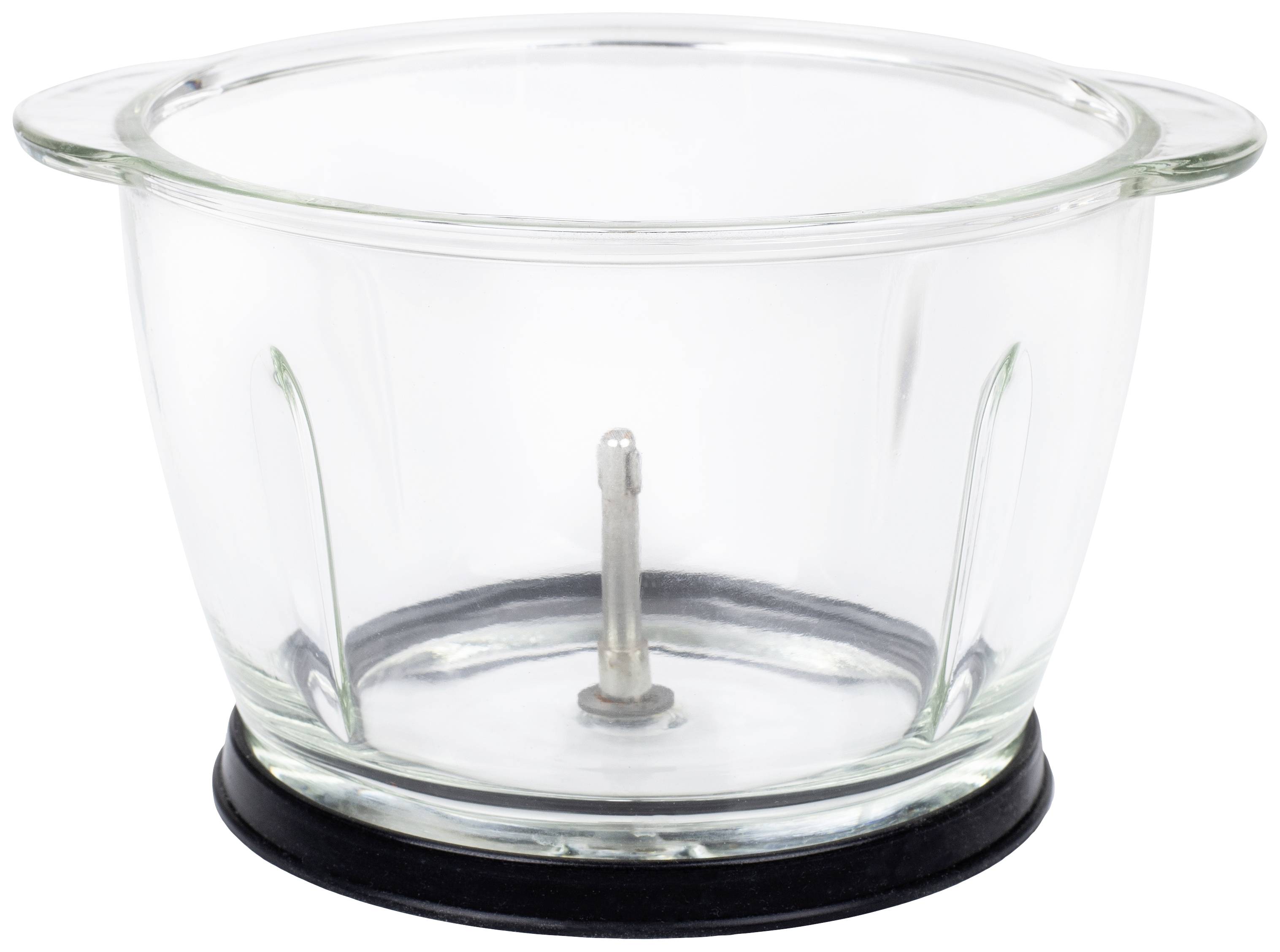 Glass mixing bowl with handles and a rounded tip, set on a black non-slip base, often used for stirring or mixing ingredients.
