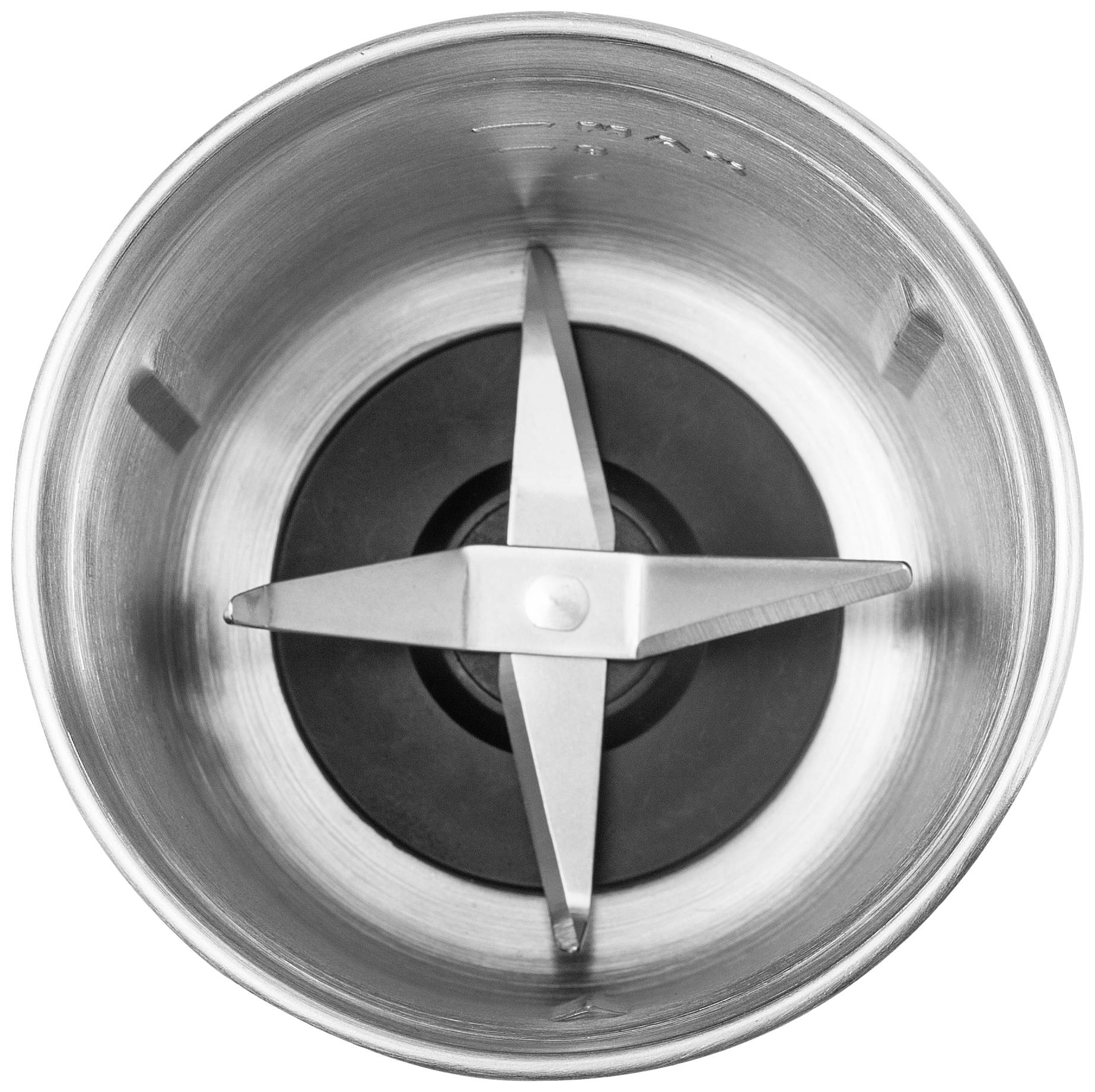 Stainless steel fan with four blades, viewed from above.