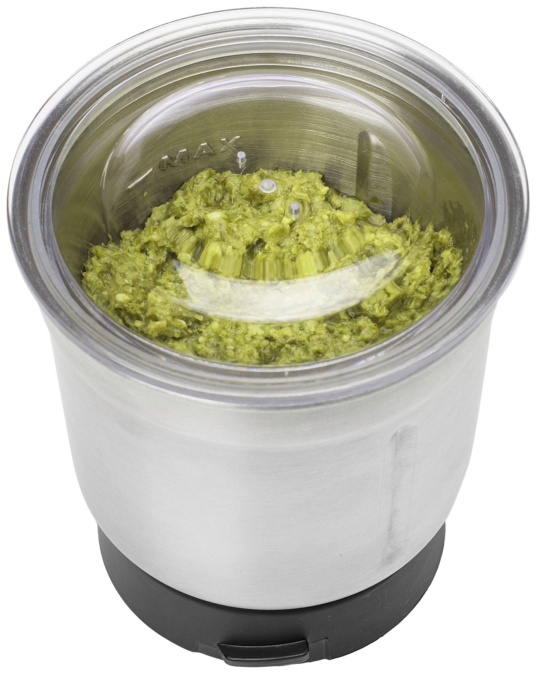 Metal container with chopped green herbs. Internal marking shows a maximum fill line of 2 Max.