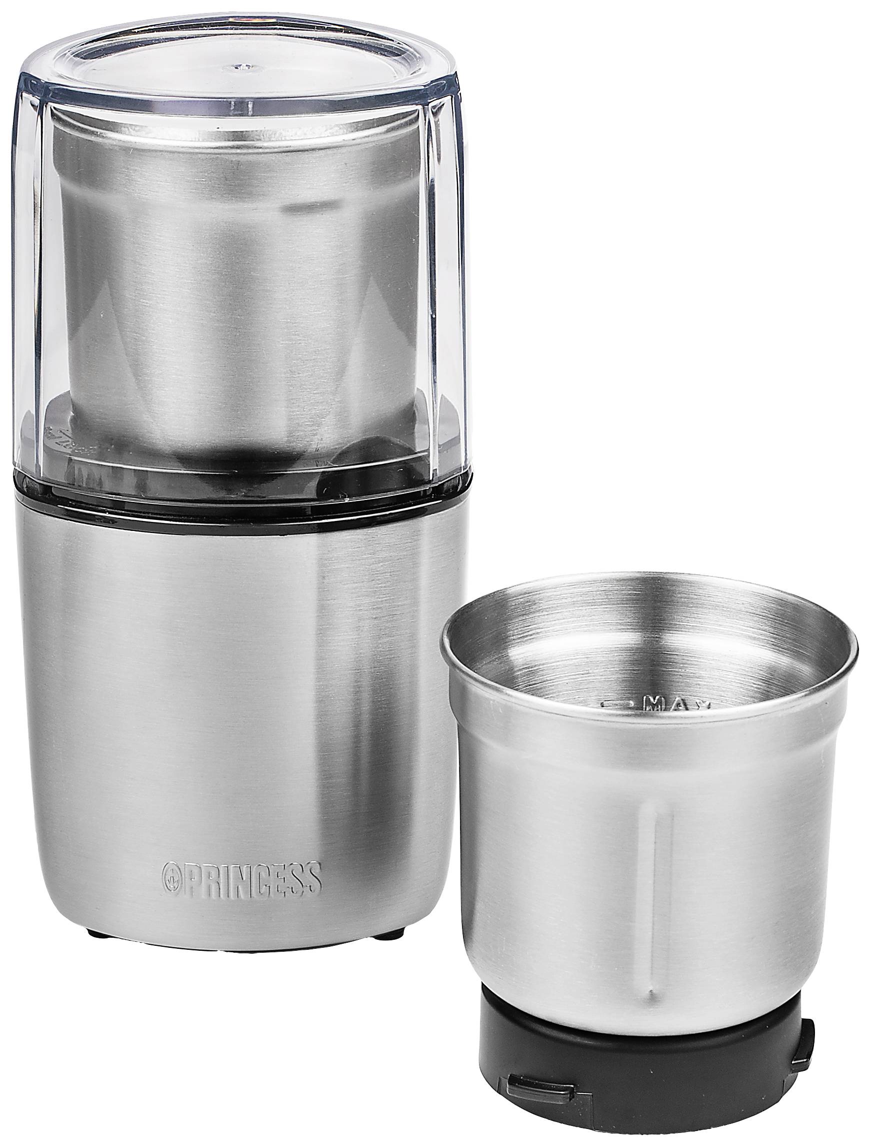 Two silver stainless steel kitchen appliances, a mixer with a transparent lid and a removable container beside it; brand logo visible.