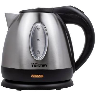 Stainless steel electric kettle with visible water level indicator and black handle.