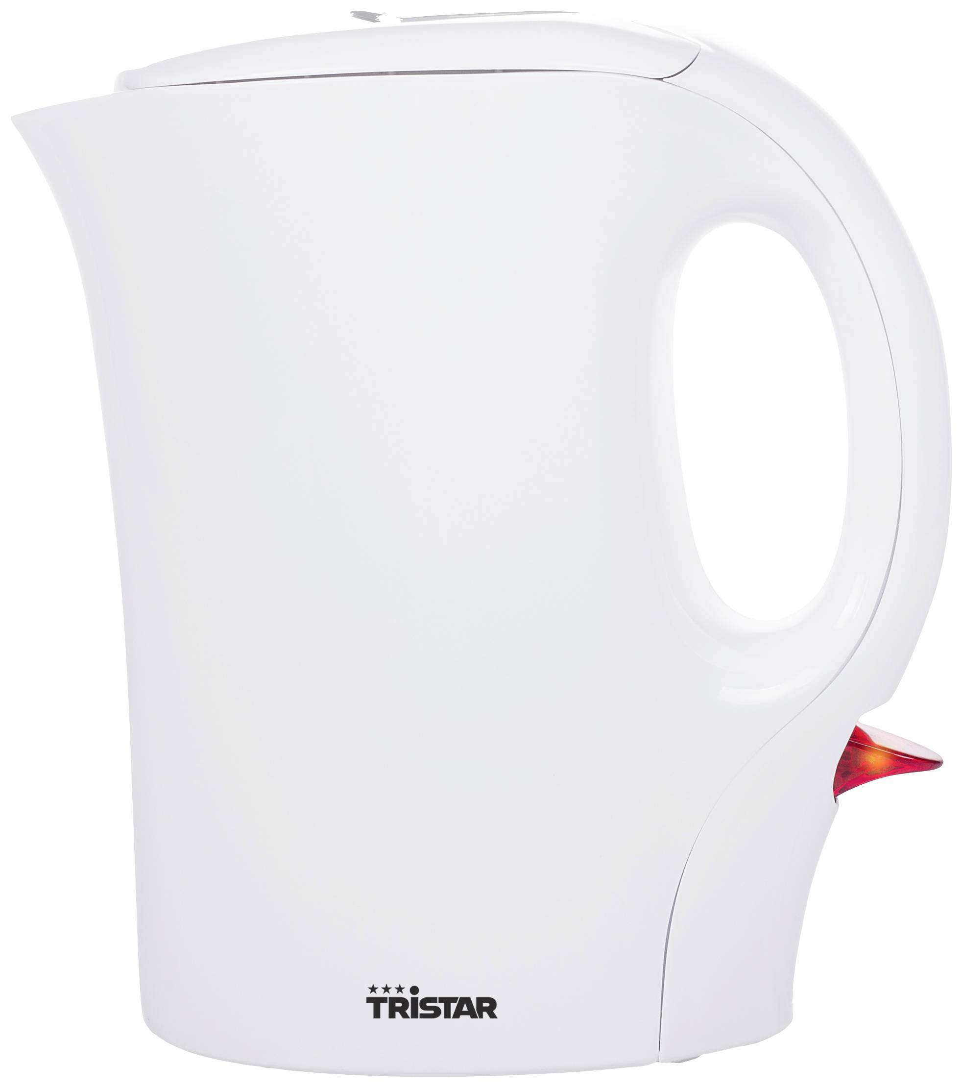 A white kettle with a handle and red on/off switch, viewed from the side. It bears the 'TRISTAR' logo.