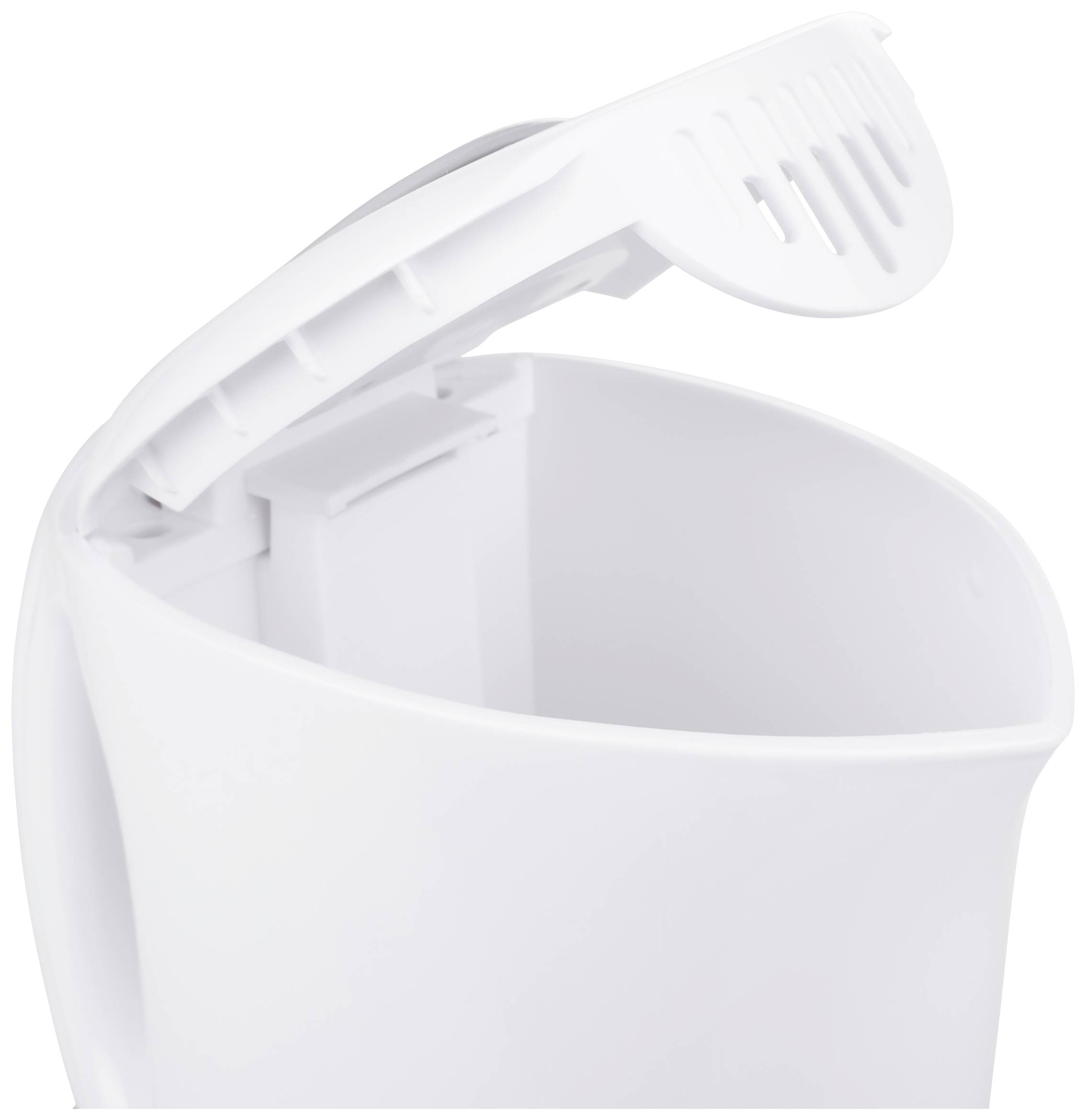 A white, open dustbin with a raised lid reveals its interior and the hinge holding the lid in place.<br><br>Note: I've used "dustbin" instead of "trash can" to make the translation more British English in style.