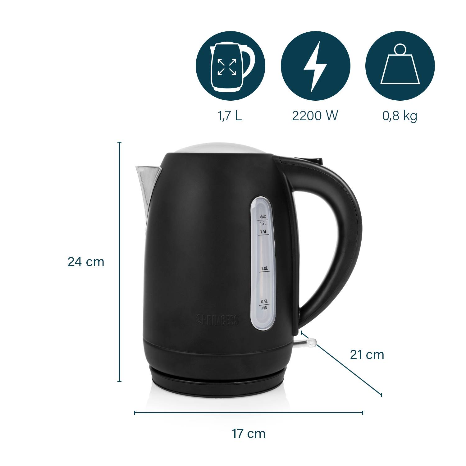 Black kettle, 1.7 litres, 2200 watts, 0.8 kg. Height 24 cm, width 17 cm, depth 21 cm. Main features shown above.
