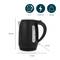 Black kettle, 1.7 litres, 2200 watts, 0.8 kg. Height 24 cm, width 17 cm, depth 21 cm. Main features shown above.