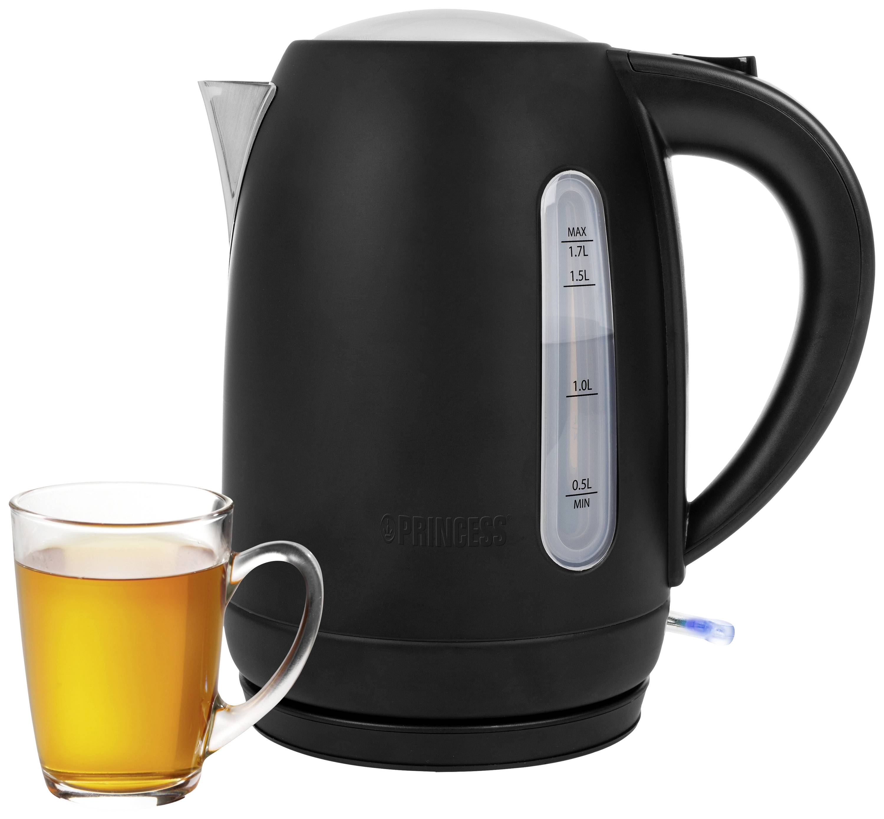 Black kettle next to a cup of tea. The kettle has a transparent water level indicator up to 1.7 litres.