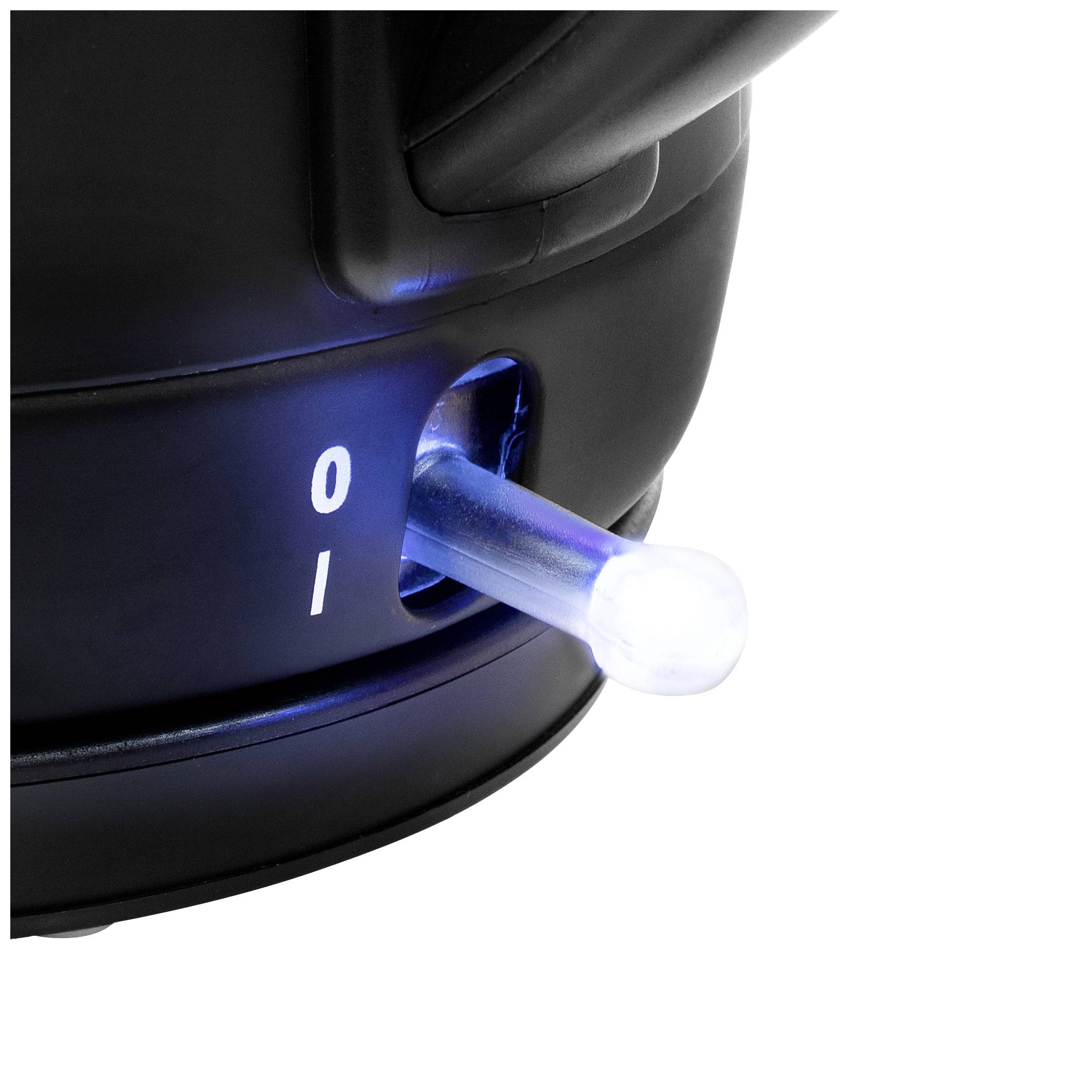 Close-up of a two-position switch: '0' for off and '1' for on. The switch is set to '1' and glows blue.