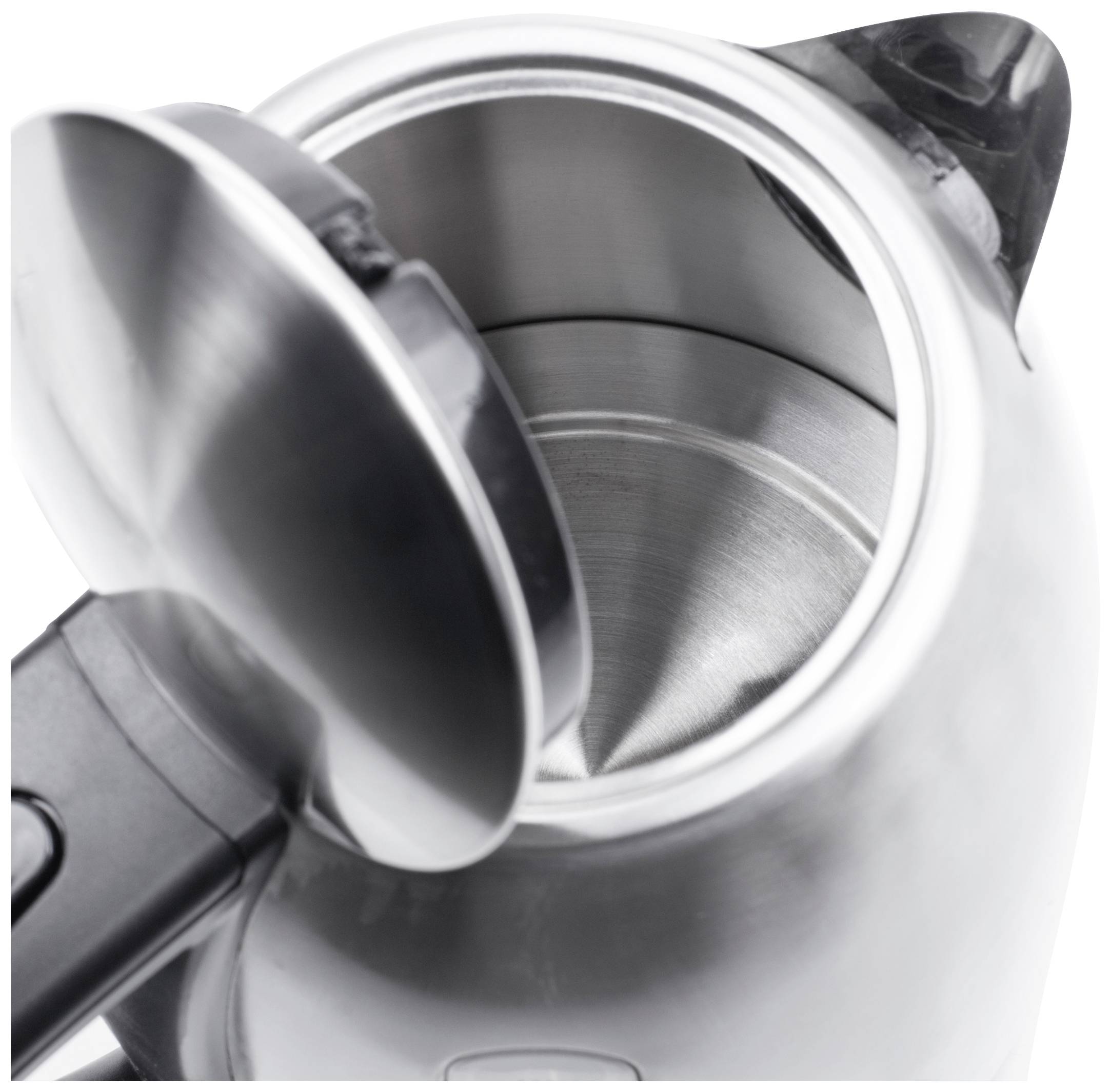 A stainless steel kettle viewed from above, with the lid open, revealing its interior.