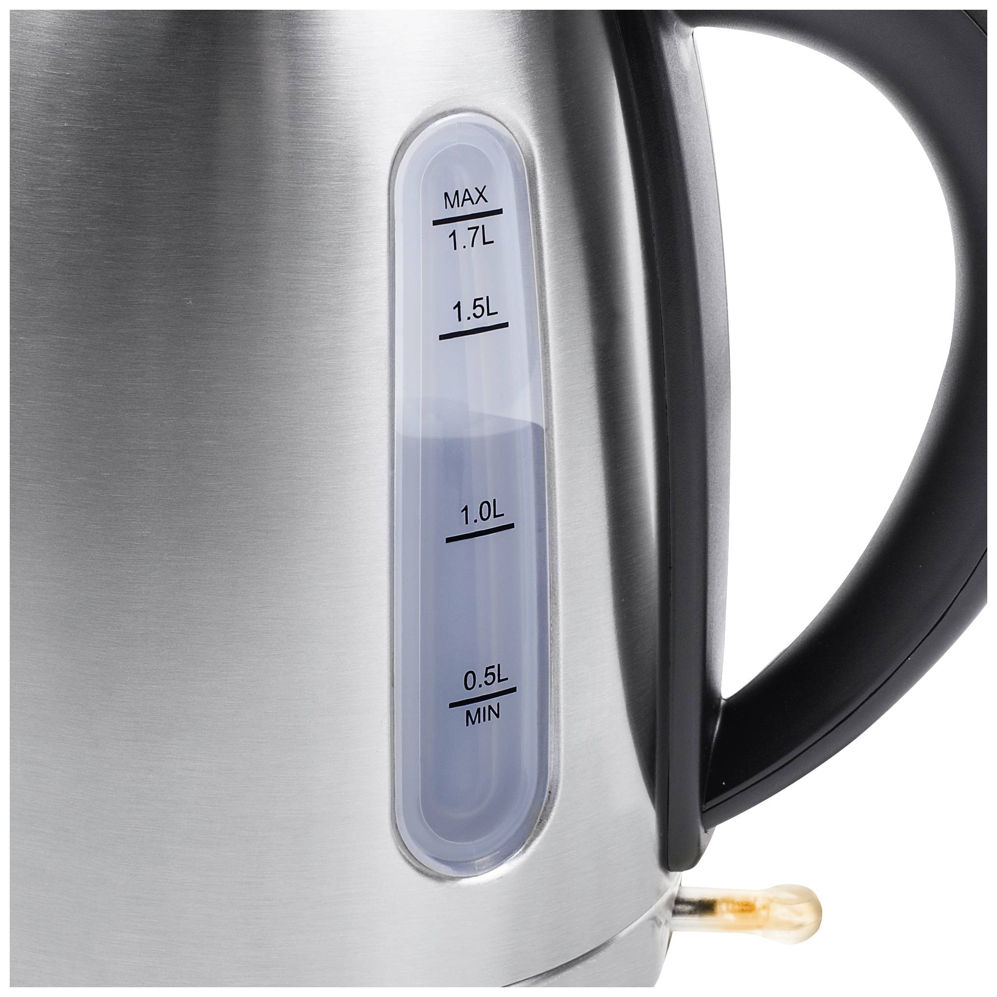 A silver kettle with a water level indicator that reaches up to 1.7 litres is currently showing approximately 1 litre of water.