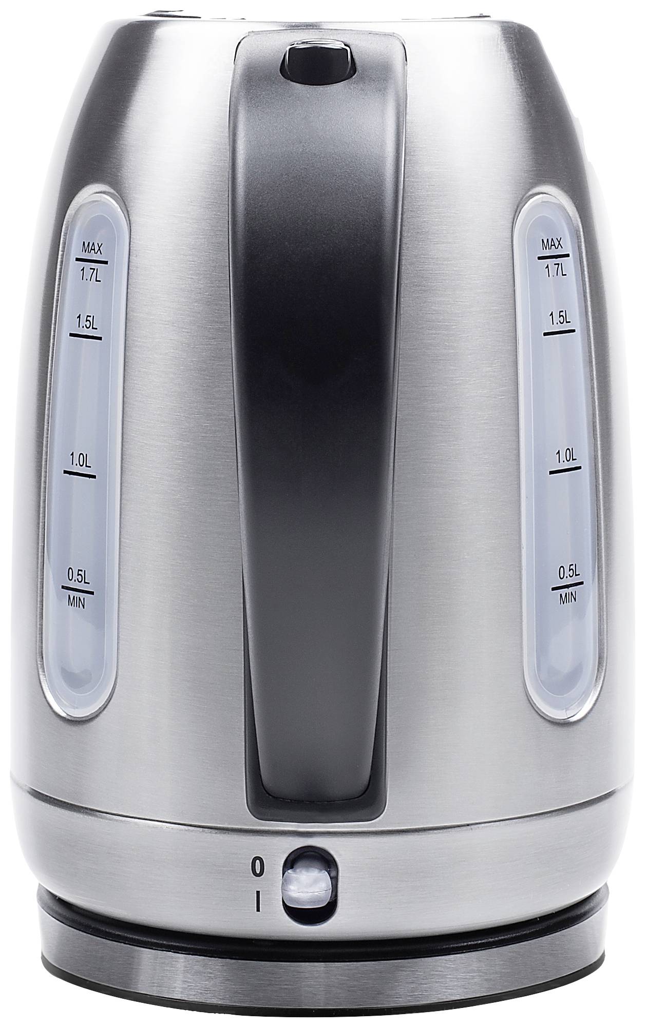 A silver electric kettle with a black handle, transparent water level indicators, and base station, showing a maximum capacity of 1.7 litres.