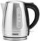A silver stainless steel kettle with a black handle and water level indicator. Maximum capacity of 1.0 litres.