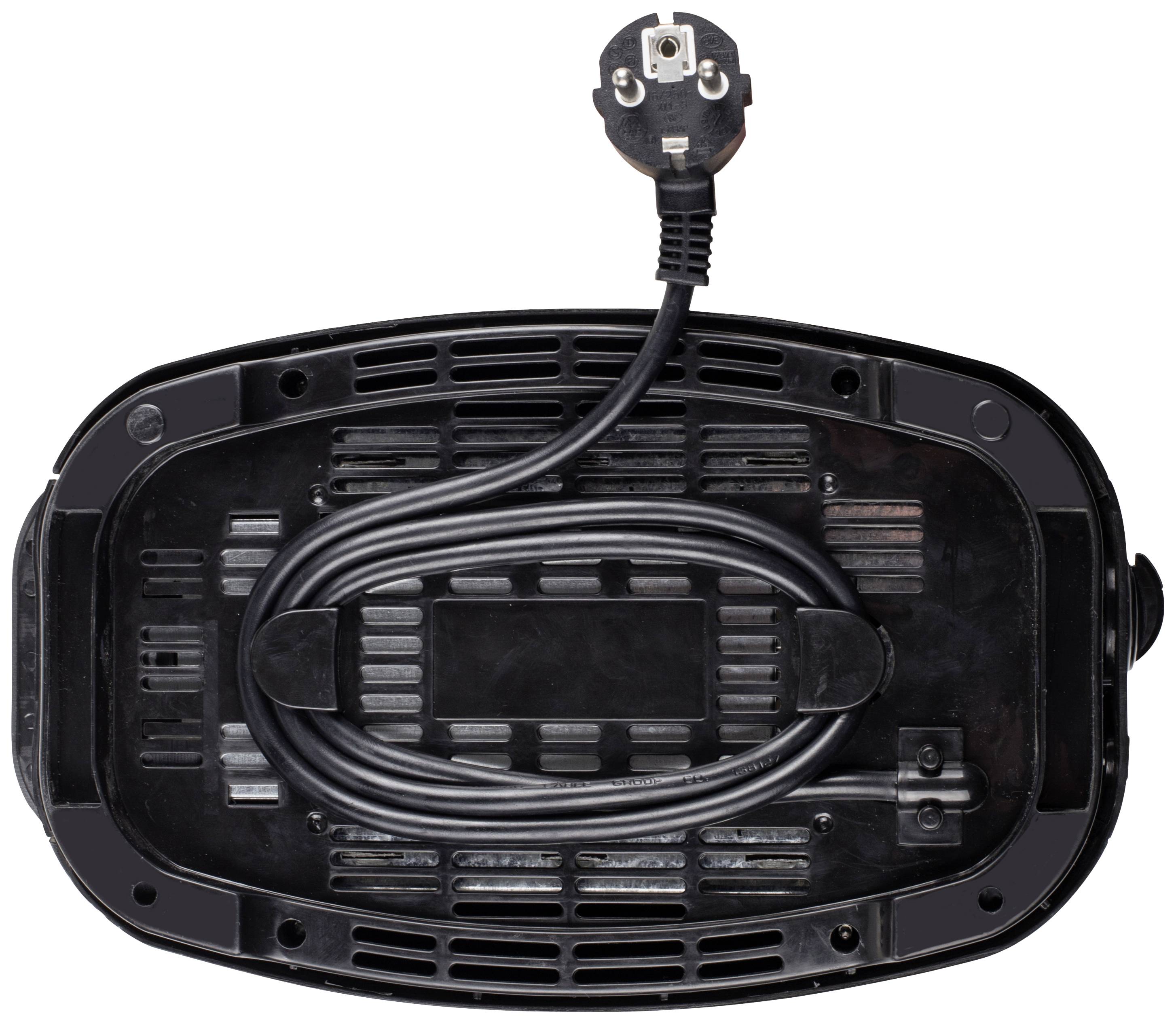 The back of an electrical device with a coiled power cable and plug.